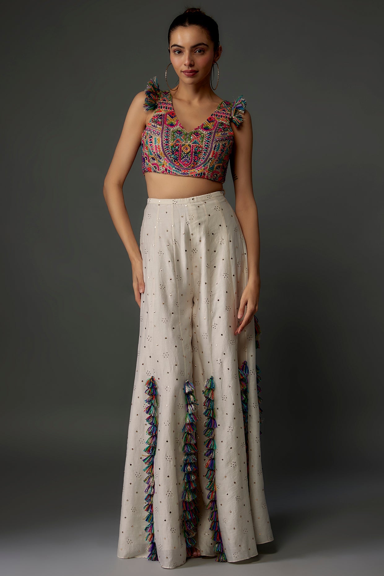 Off-White Embroidered Back Tie-Up Choli With Sharara