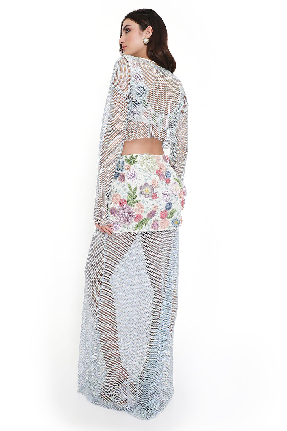 Off White Embroidered Choli And Skirt With Blue Mesh Overlay Top And Skirt