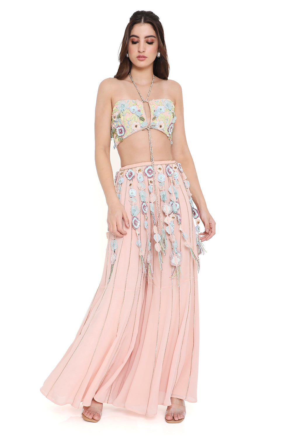 Rose Pink Embroidered Front & Back Tie-Up Bustier And Sharara With Hanging 3D Flower Tassels