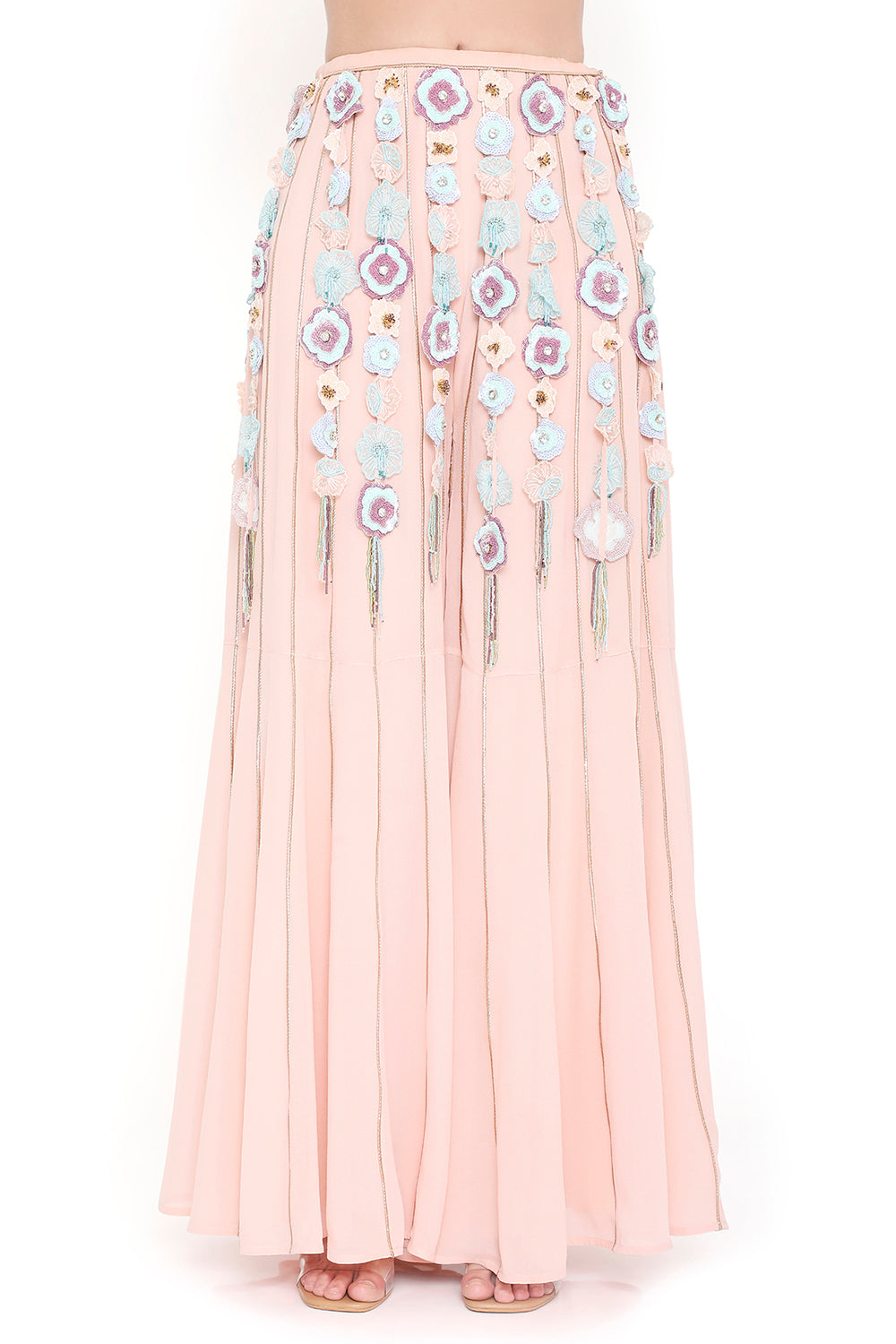 Rose Pink Embroidered Front & Back Tie-Up Bustier And Sharara With Hanging 3D Flower Tassels