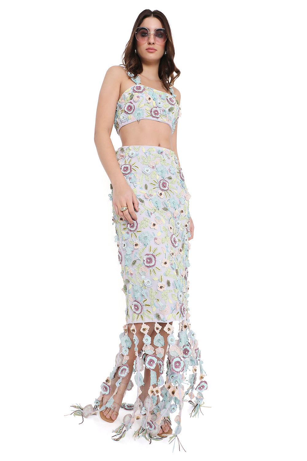 Lilac Embroidered Bustier And Fitted Skirt With Hanging 3D Flowered Tassels