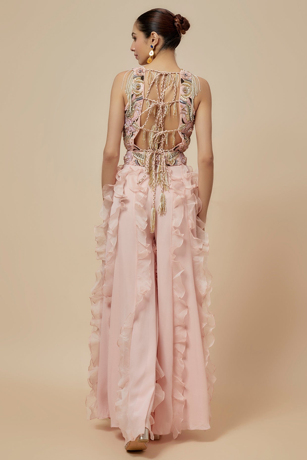 Rose Pink Embroidered Back Tie-Up Choli And Ruffled Sharara