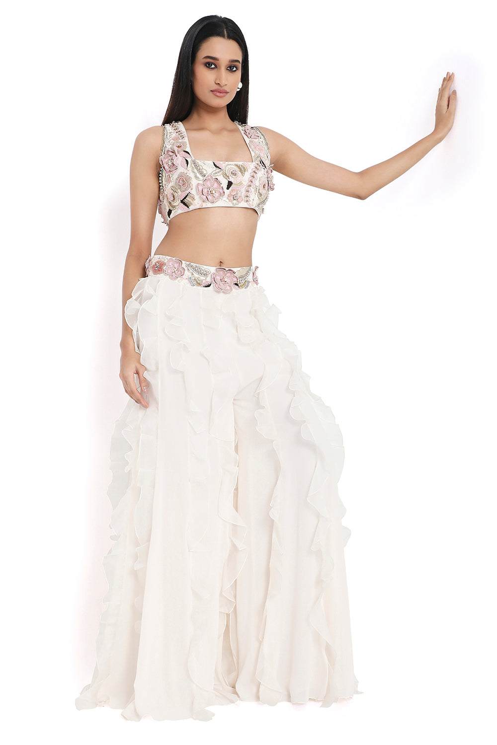 Off White Embroidered Choli With Tie Up Back And Sharara With Ruffles