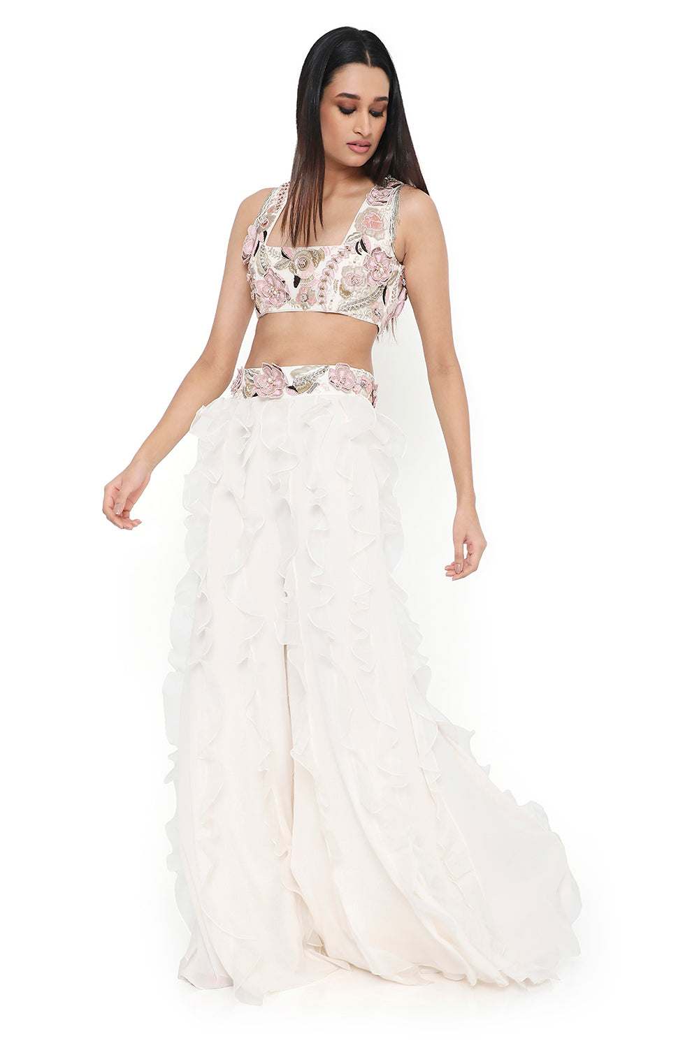 Off White Embroidered Choli With Tie Up Back And Sharara With Ruffles