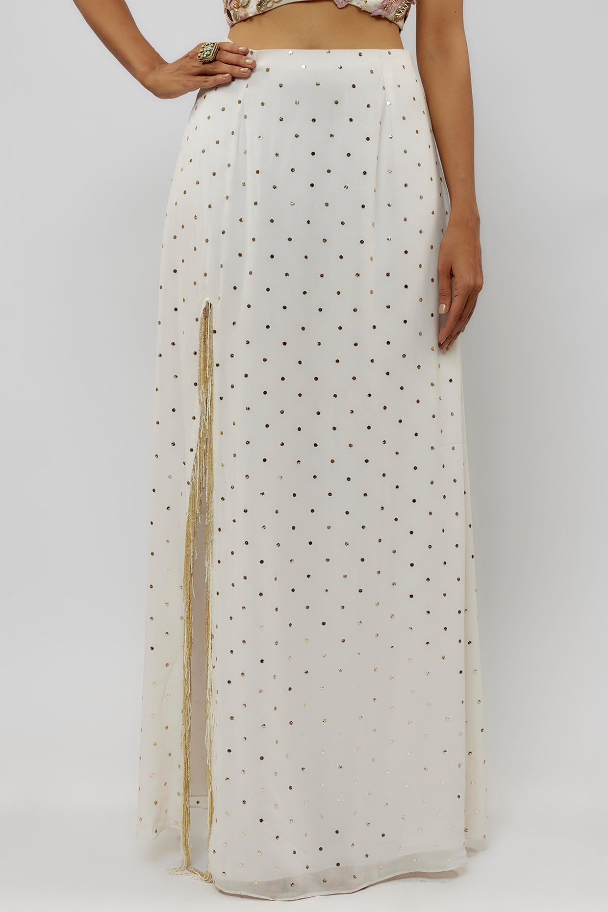 Off White Embroidered Choli With Slit Skirt