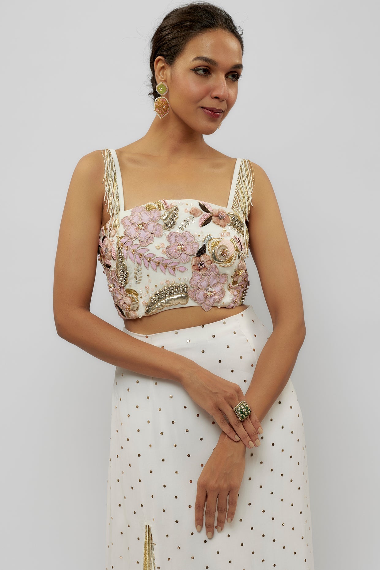 Off White Embroidered Choli With Slit Skirt