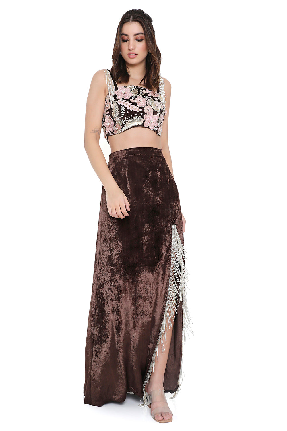 Brown Embroidered Choli And Skirt With Slit