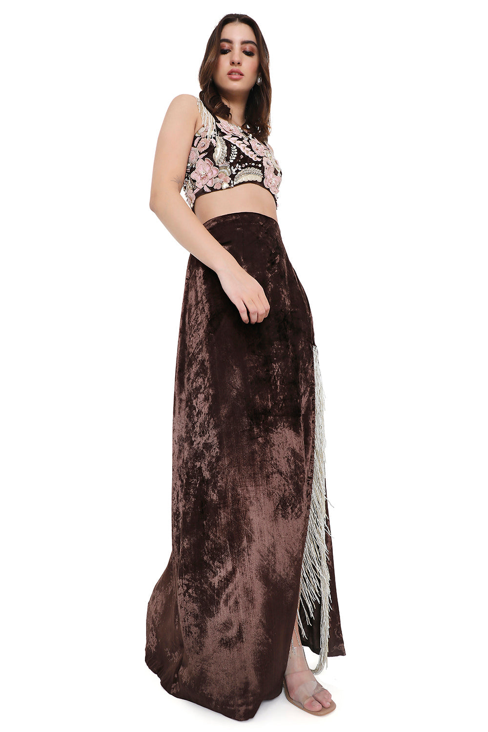 Brown Embroidered Choli And Skirt With Slit