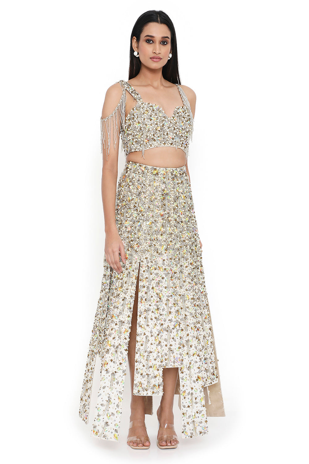 Off White Embroidered Choli With High Low Skirt