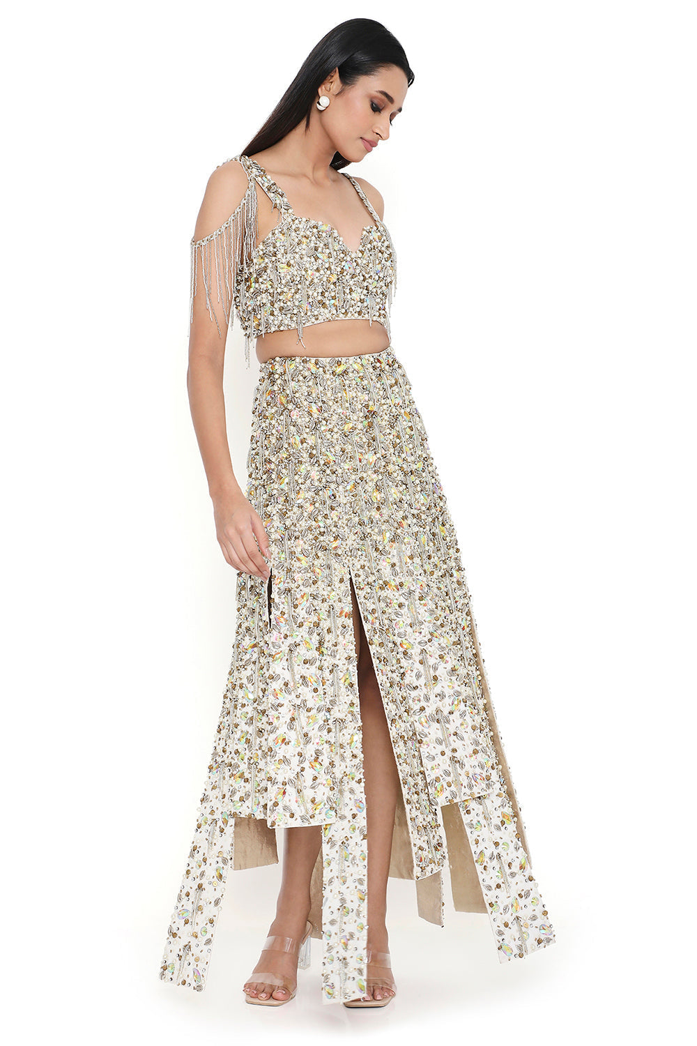 Off White Embroidered Choli With High Low Skirt