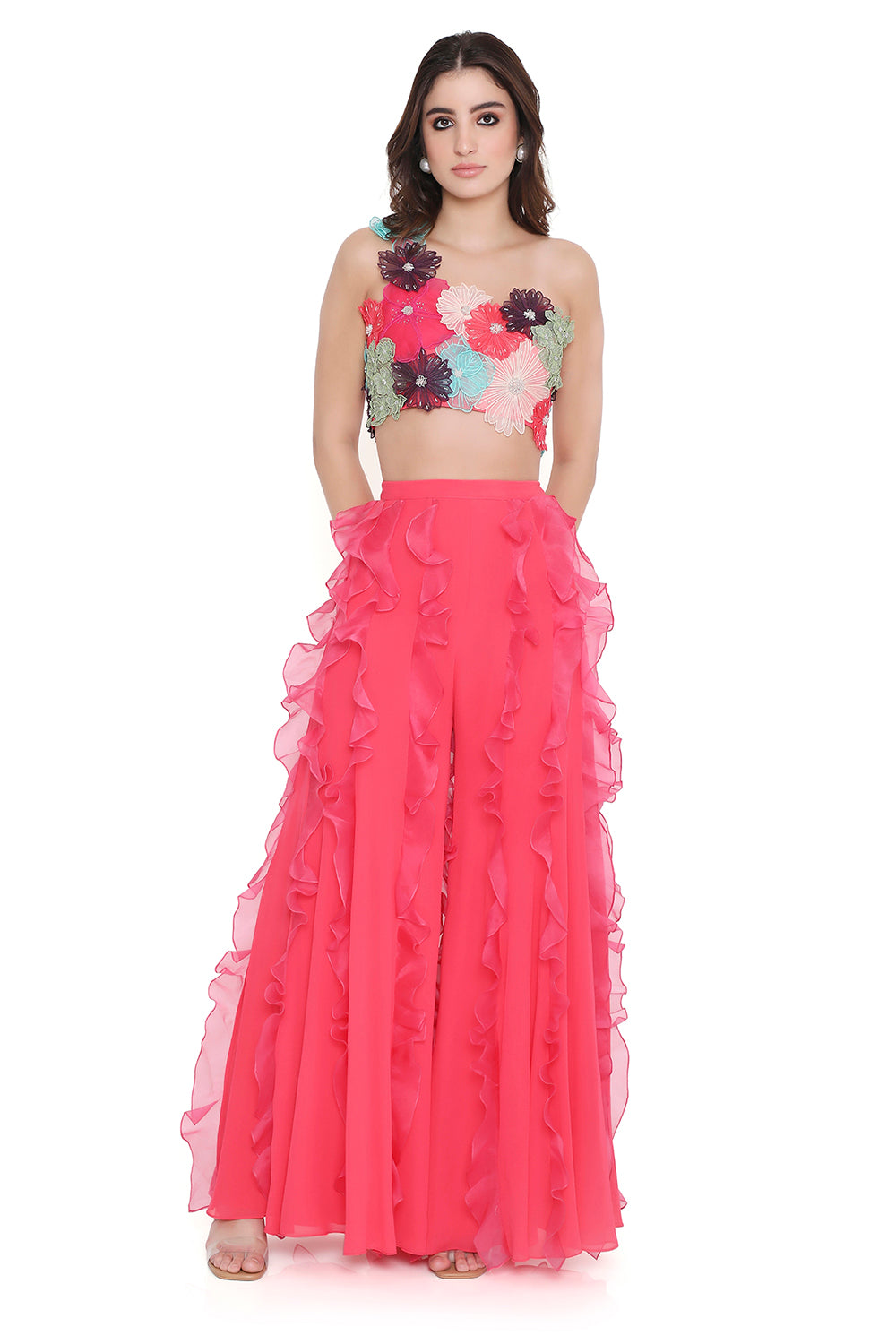 Coral 3D Floral Embroidered One Shoulder Choli And Coral Sharara With Hot Pink Ruffles