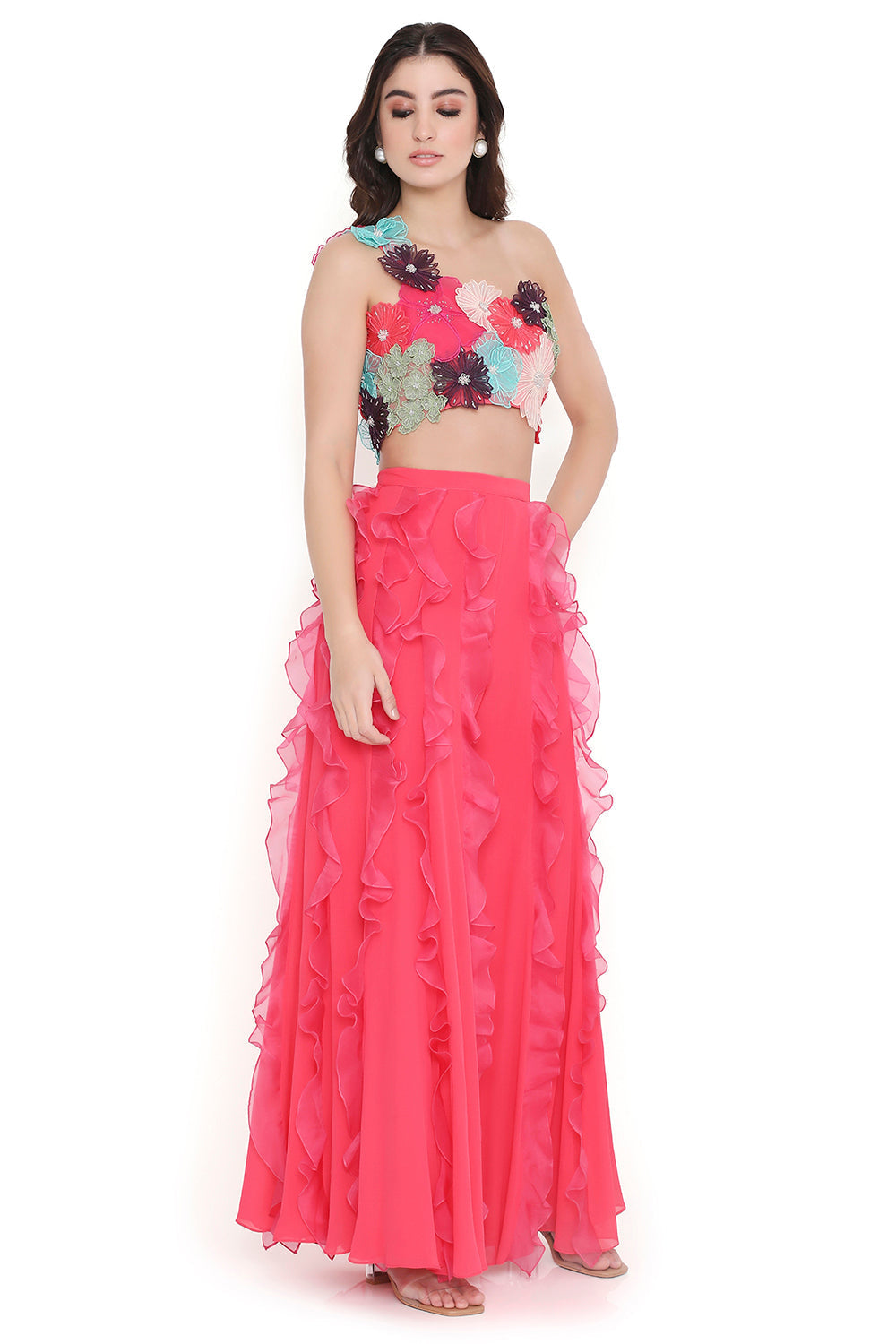 Coral 3D Floral Embroidered One Shoulder Choli And Coral Sharara With Hot Pink Ruffles