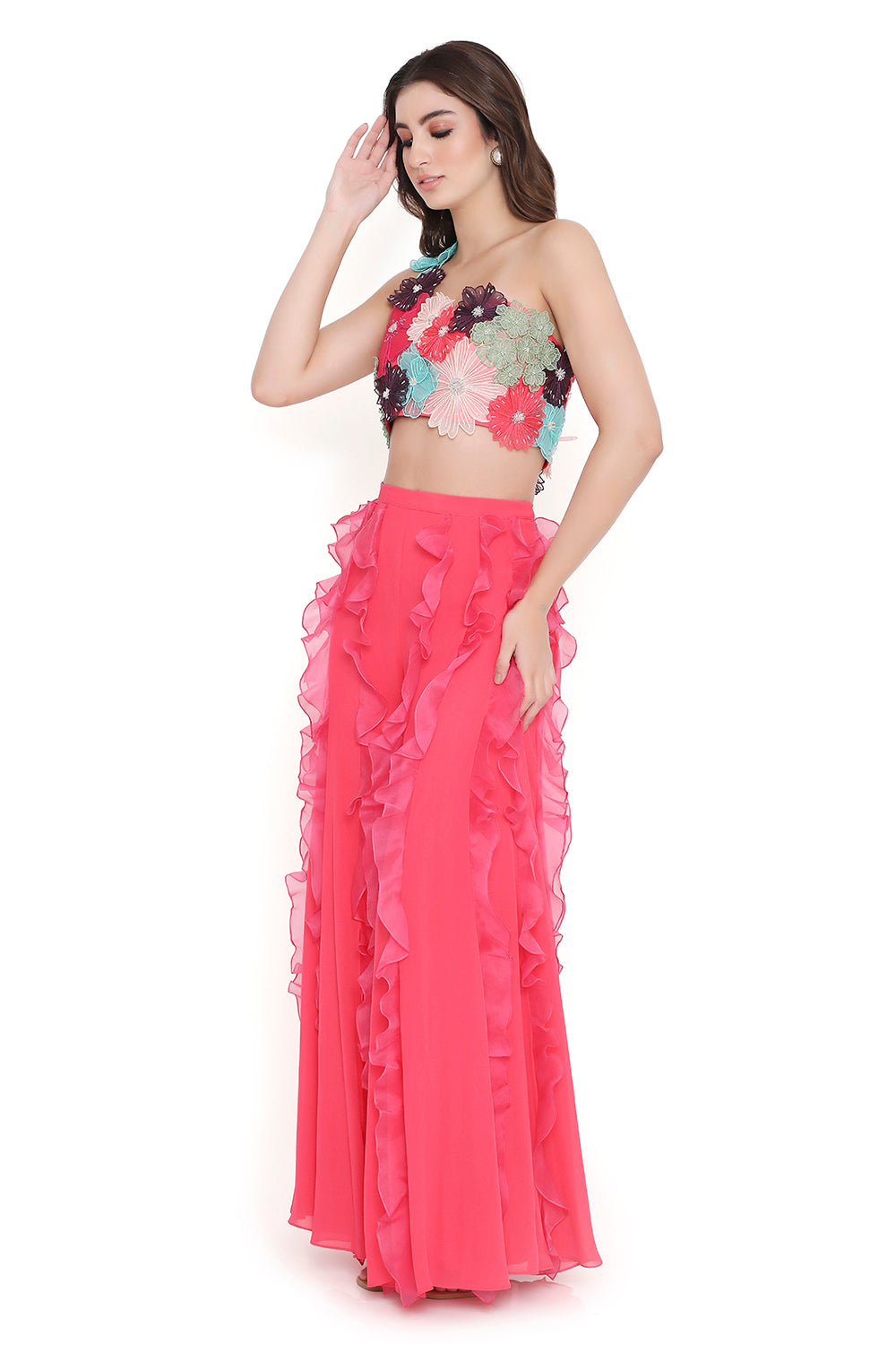 Coral 3D Floral Embroidered One Shoulder Choli And Coral Sharara With Hot Pink Ruffles