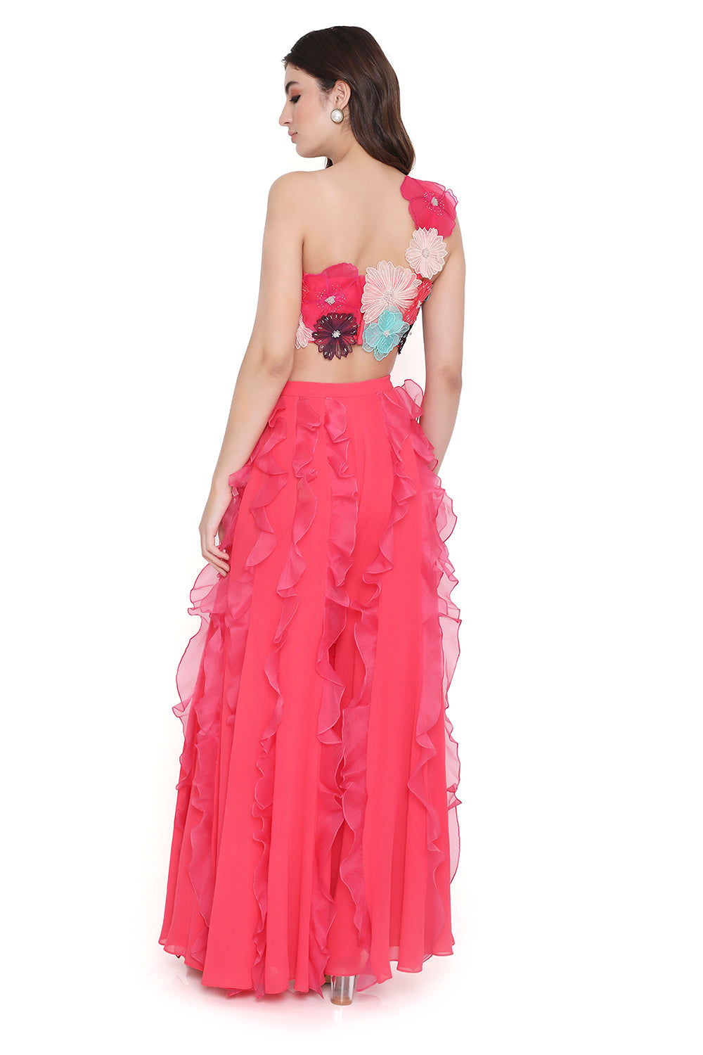 Coral 3D Floral Embroidered One Shoulder Choli And Coral Sharara With Hot Pink Ruffles