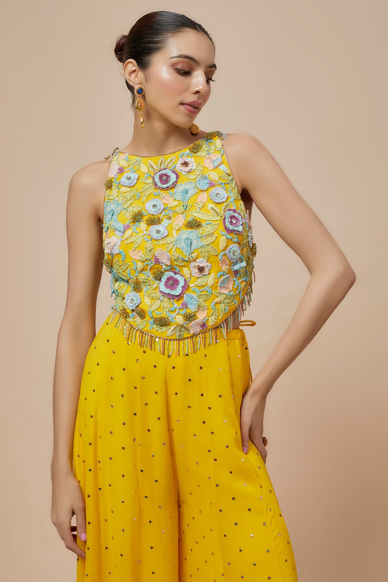 Lime Yellow Embroidered Back Tie-Up Choli And Sharara