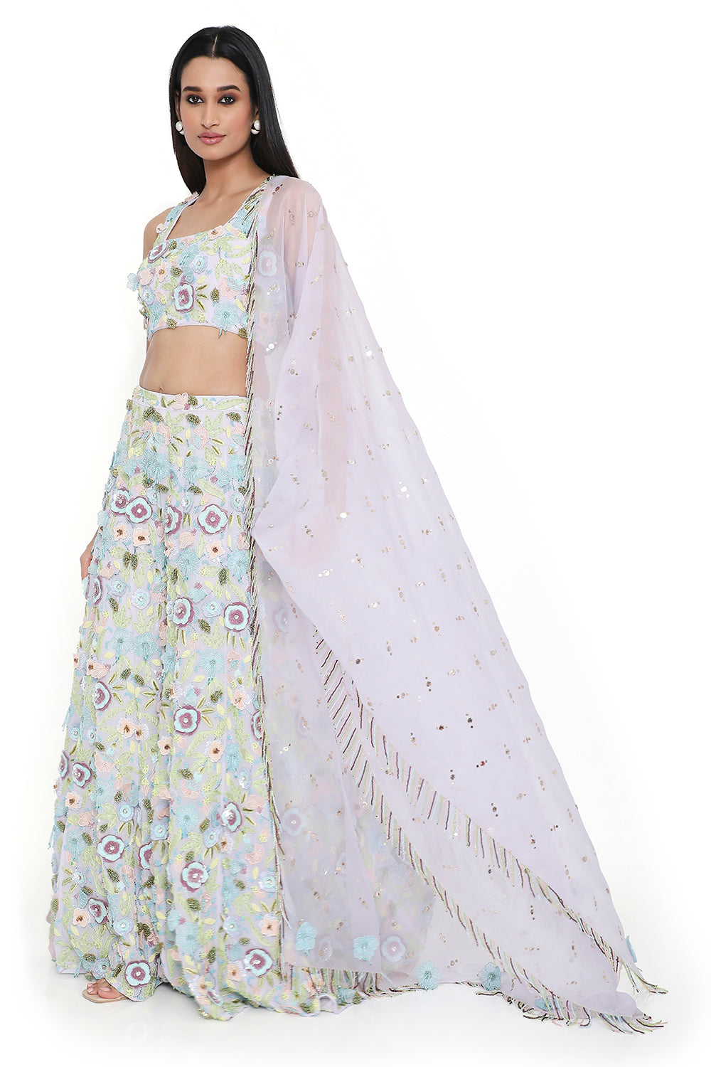 Lavender Embroidered Choli And Sharara With Dupatta