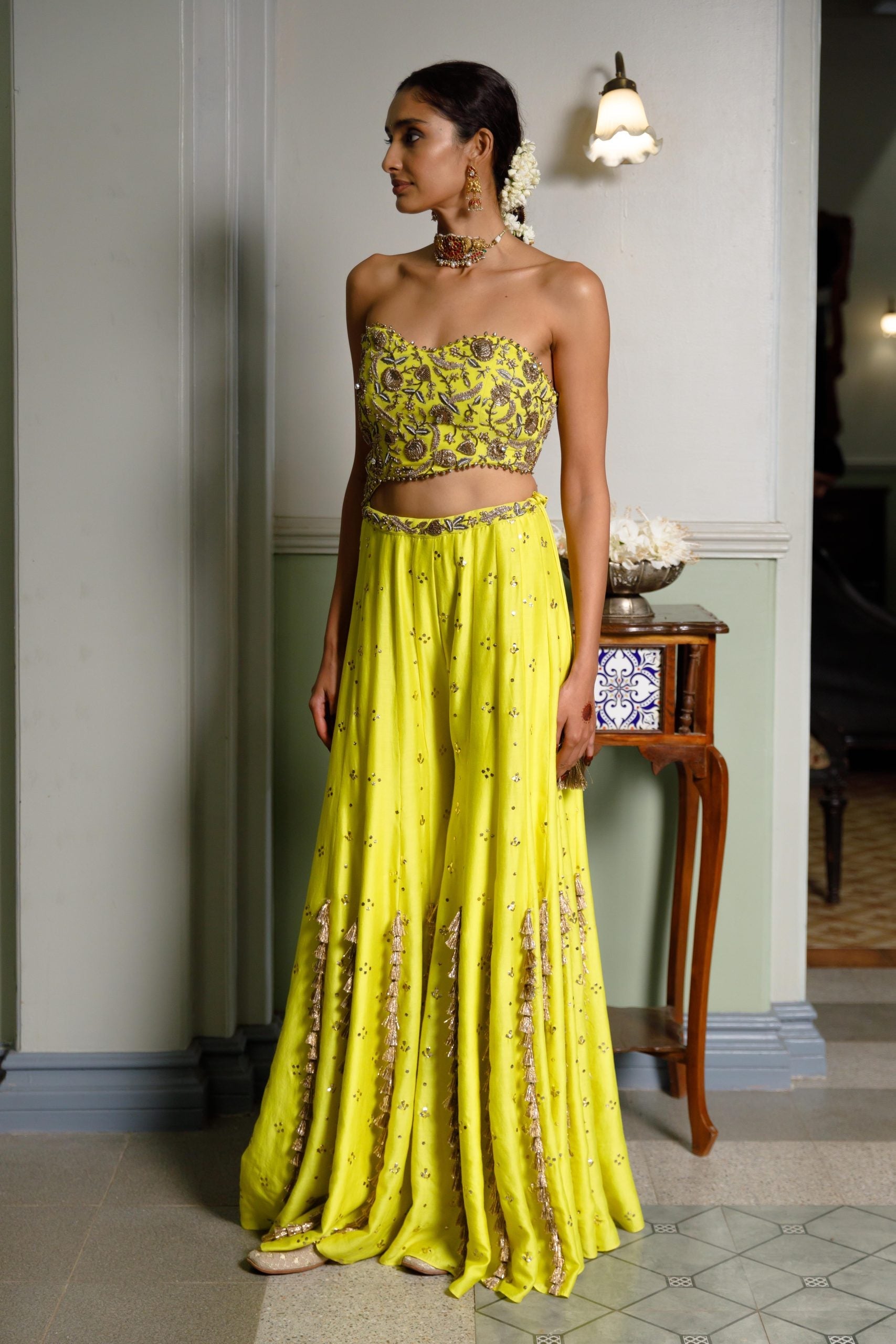 Nissa Lime Yellow Embroidered Choli With Sharara