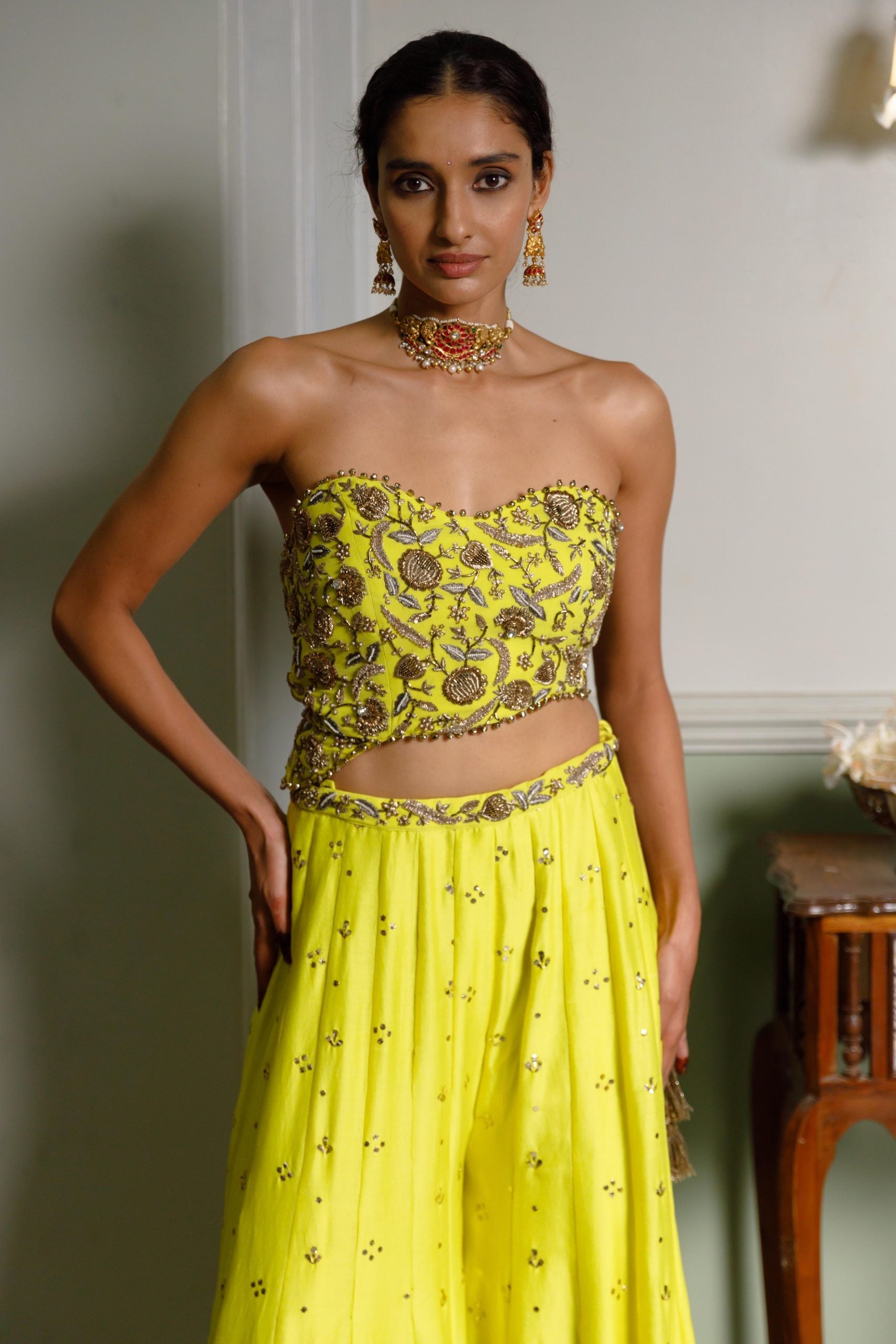 Nissa Lime Yellow Embroidered Choli With Sharara