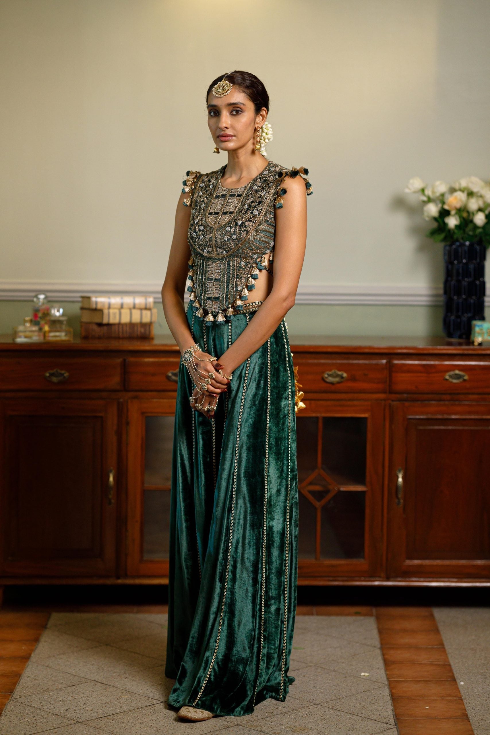 Benazir Emerald Green Embroidered Back Tie-Up Choli And Sharara Pant