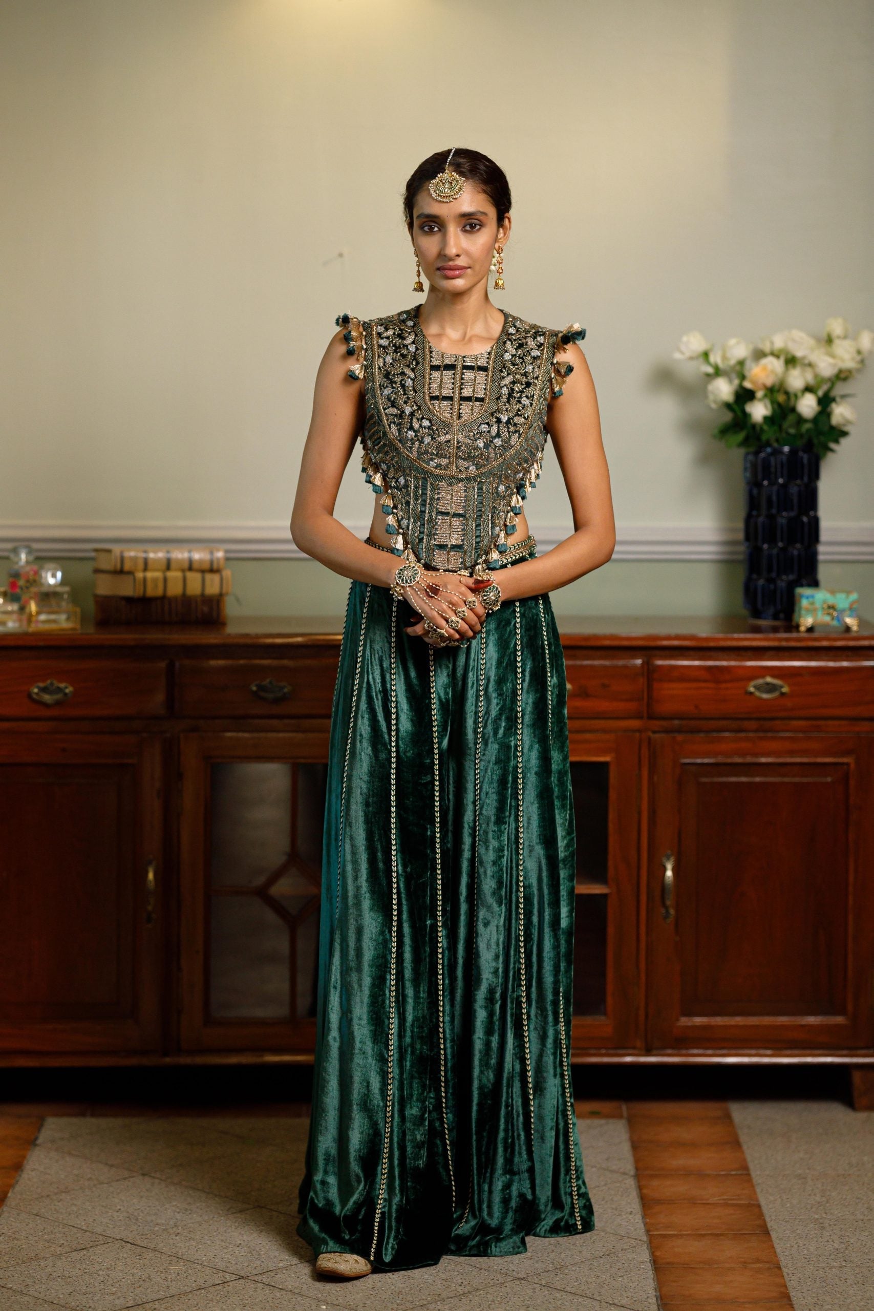 Benazir Emerald Green Embroidered Back Tie-Up Choli And Sharara Pant