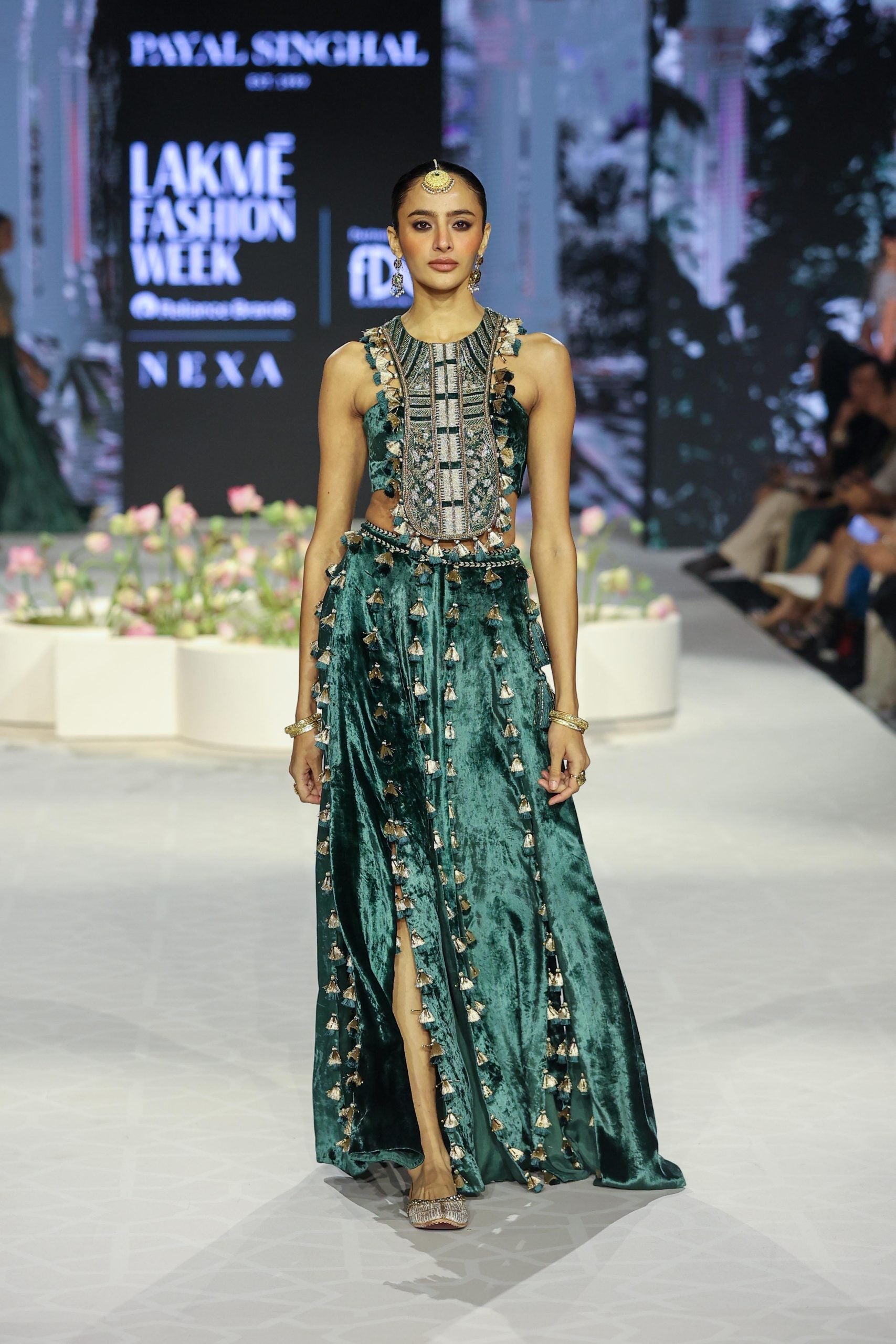 Rania Emerald Green Embroidered Back Tie-Up Choli With Slit Skirt