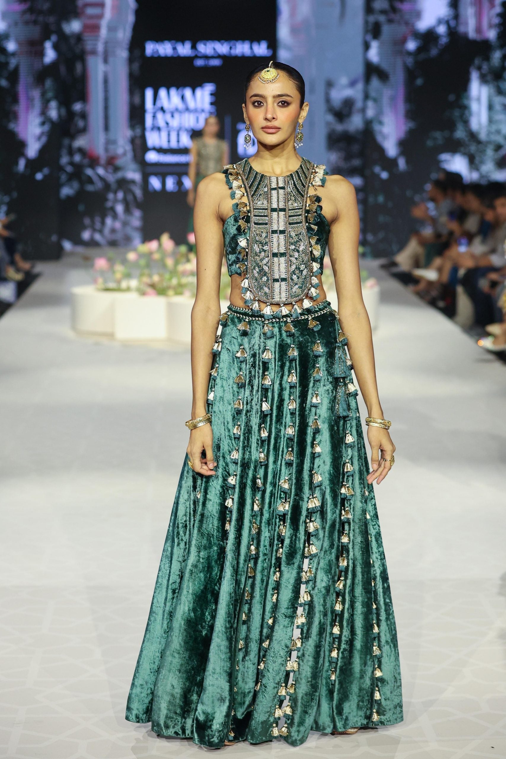 Rania Emerald Green Embroidered Back Tie-Up Choli With Slit Skirt