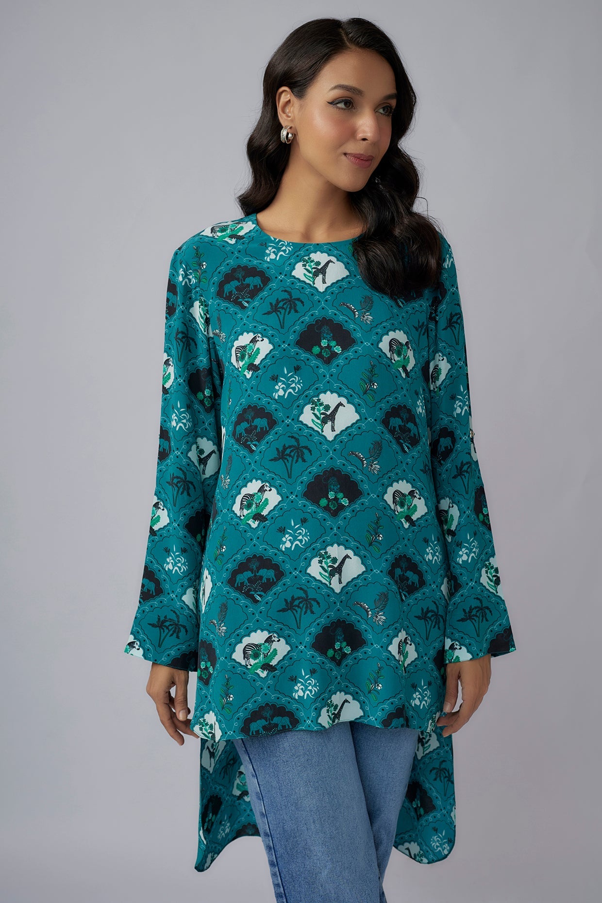 Teal Printed Crepe High Low Tunic