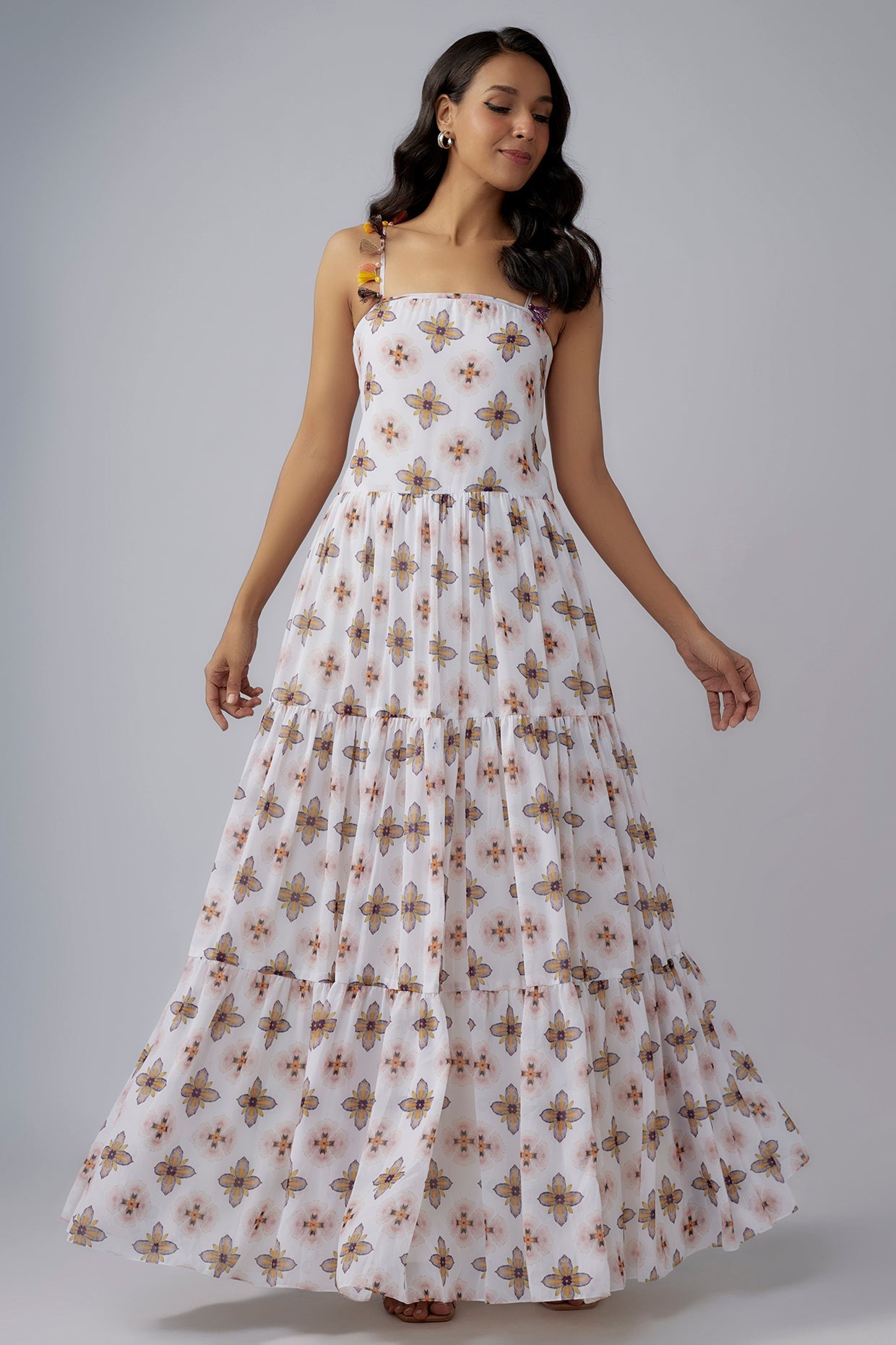 Ivory Printed Art Georgette Long Trapese Dress