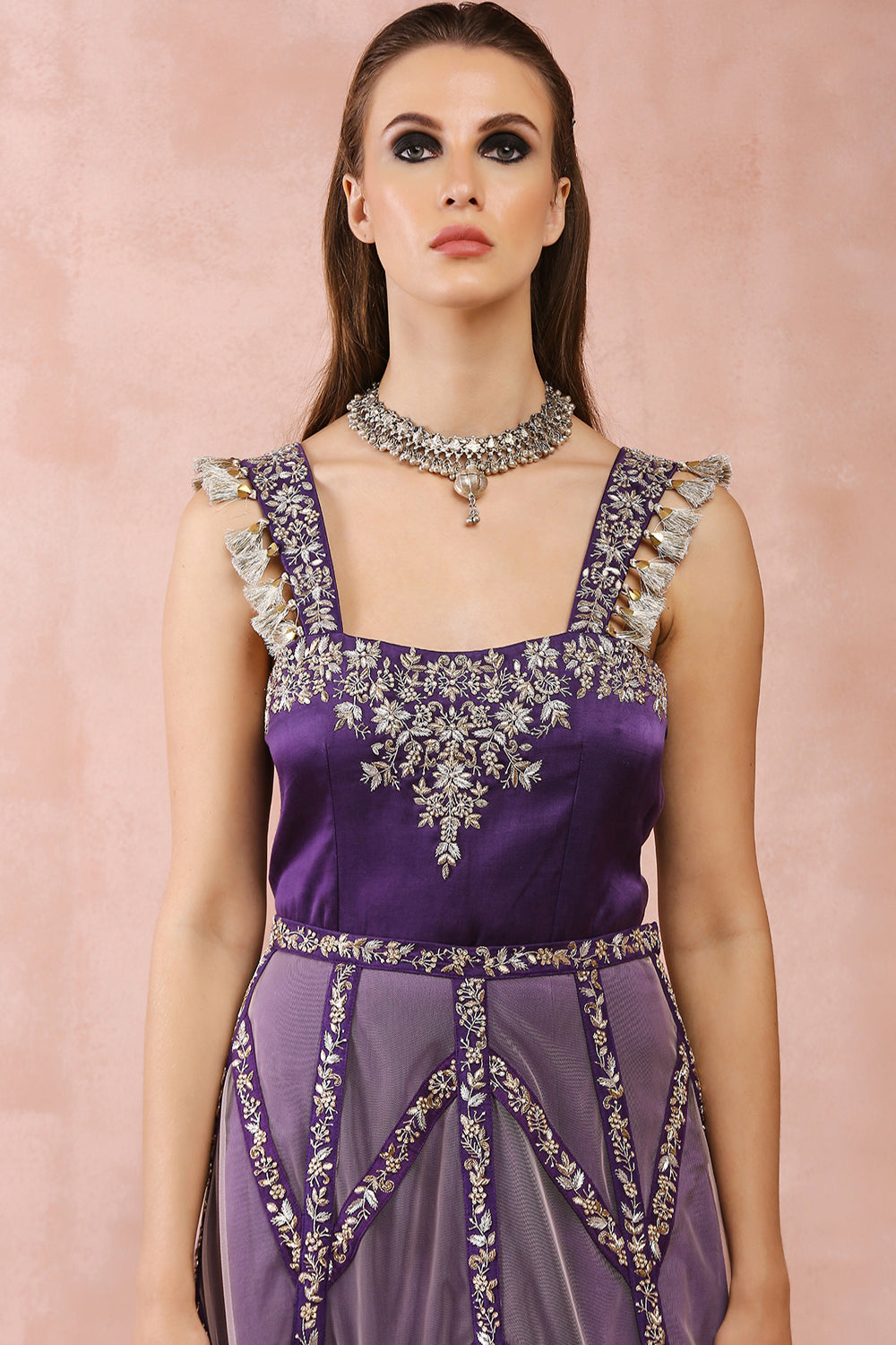 Purple Embroidered Dress With Skirt