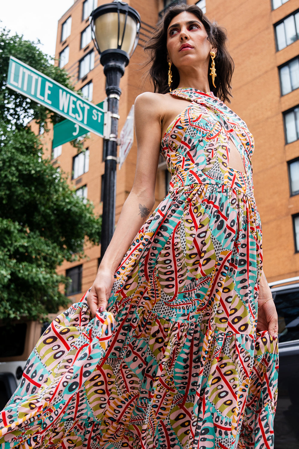 Ella Red Poison Ivy Print Crepe Halter Neck Maxi Dress