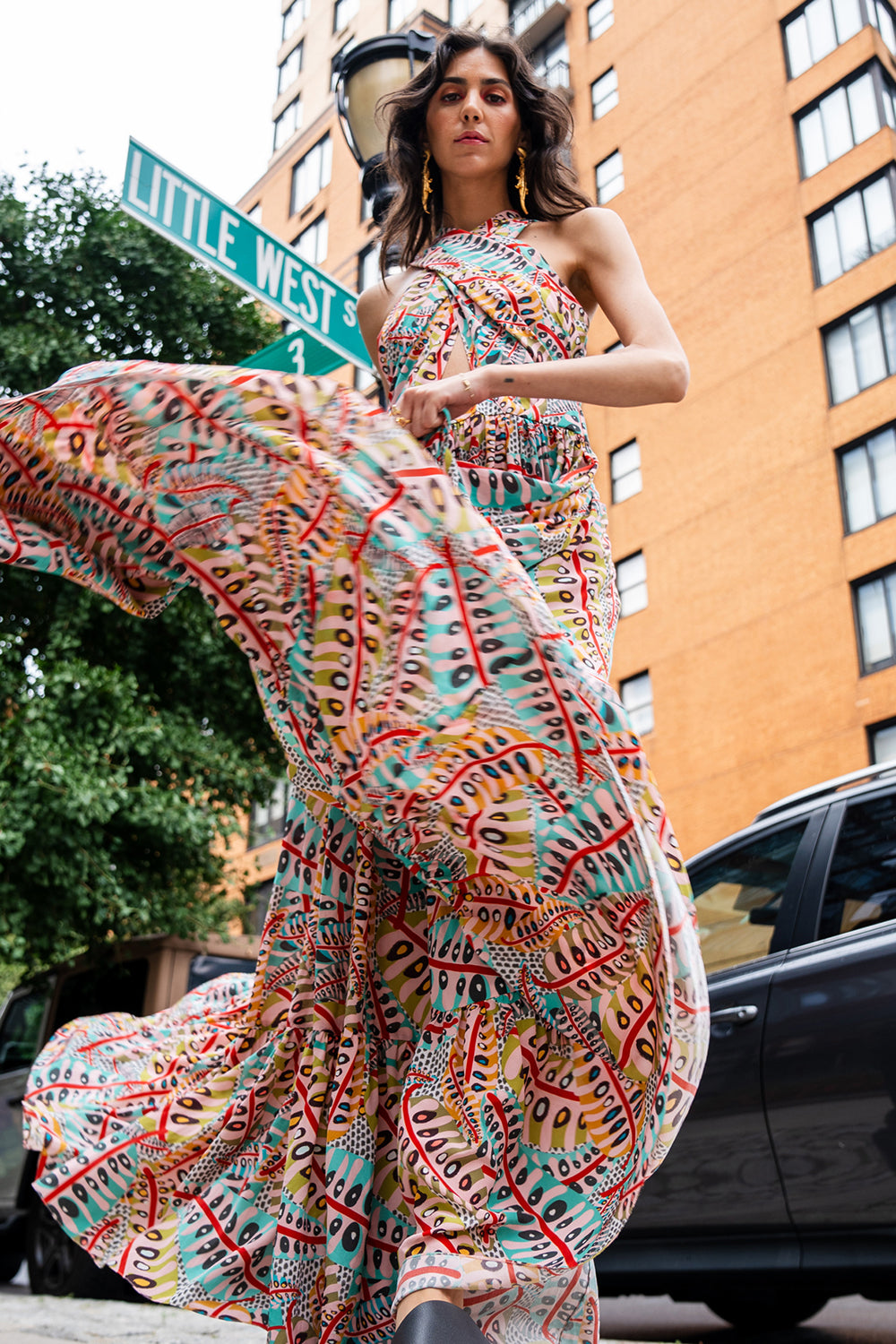 Ella Red Poison Ivy Print Crepe Halter Neck Maxi Dress