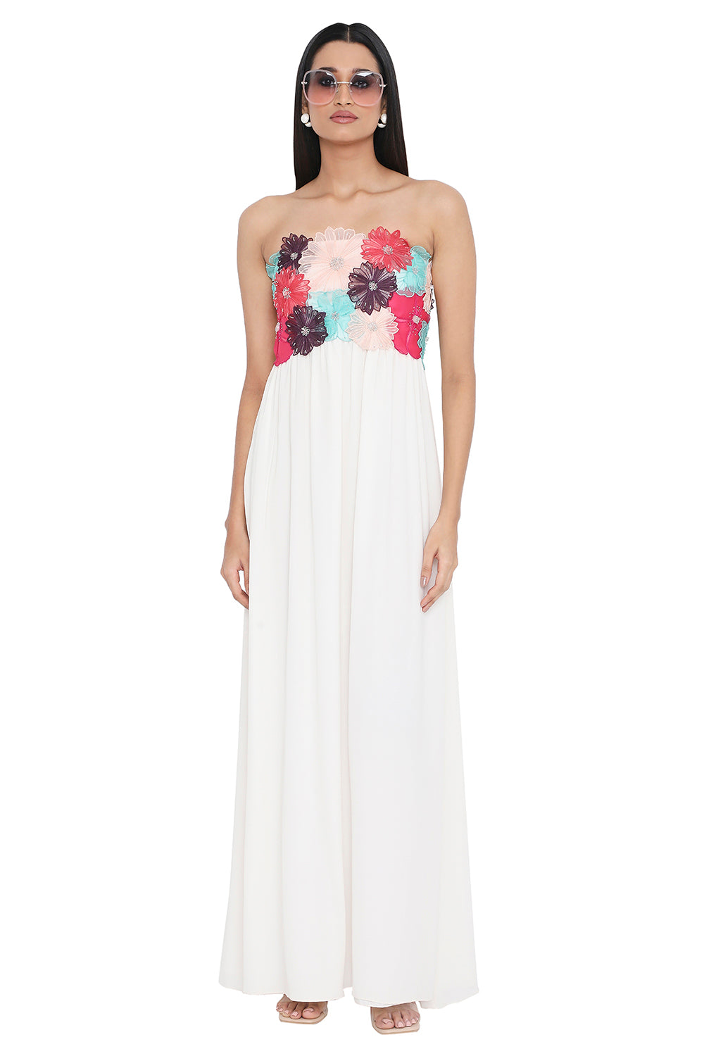 Off White 3D Flower Embroidered Maxi Dress