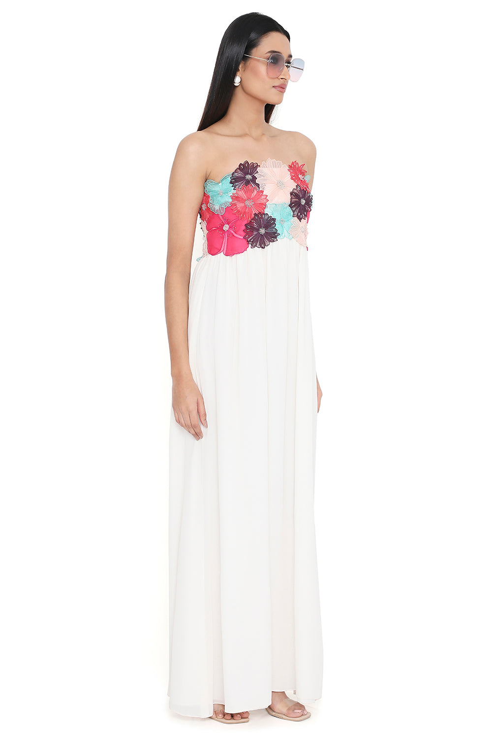 Off White 3D Flower Embroidered Maxi Dress