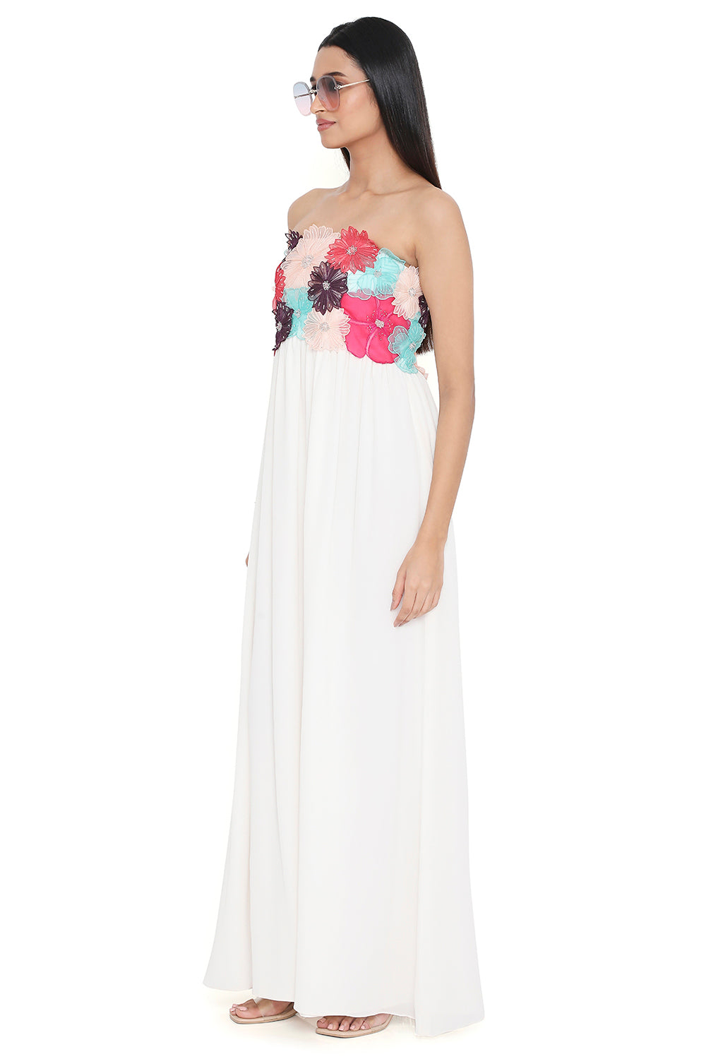 Off White 3D Flower Embroidered Maxi Dress