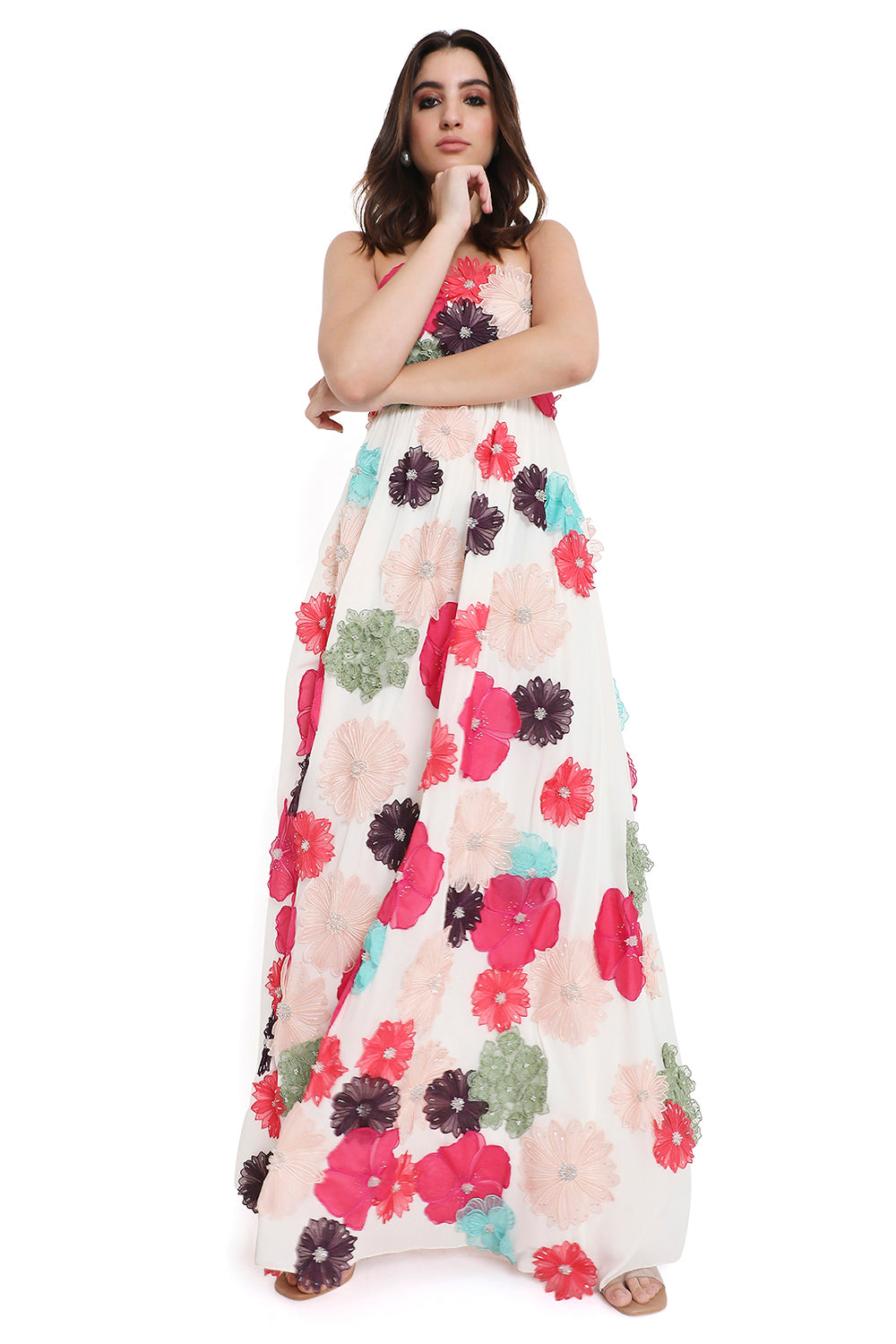 Off White 3D Flower Embroidered Maxi Dress