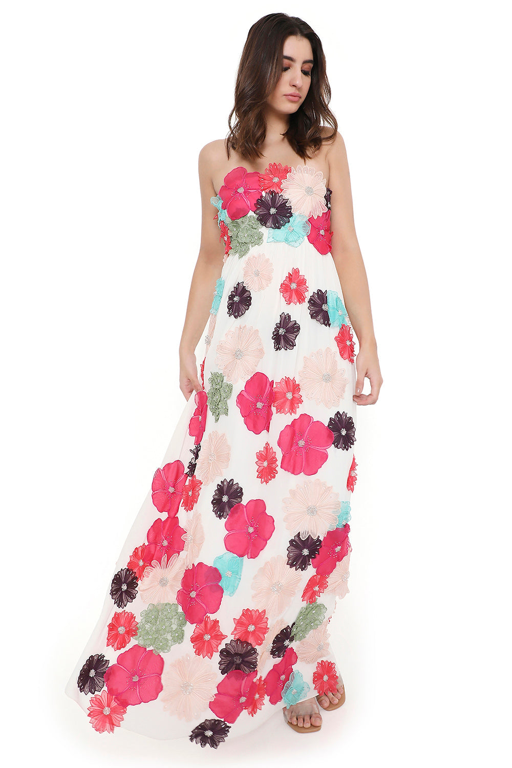 Off White 3D Flower Embroidered Maxi Dress