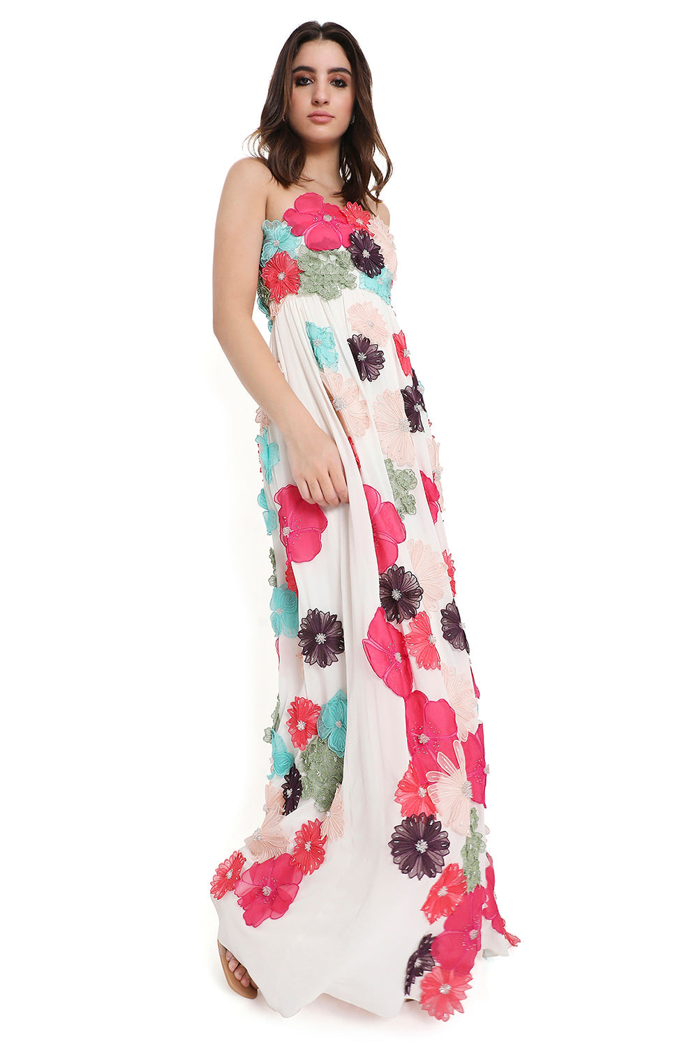 Off White 3D Flower Embroidered Maxi Dress