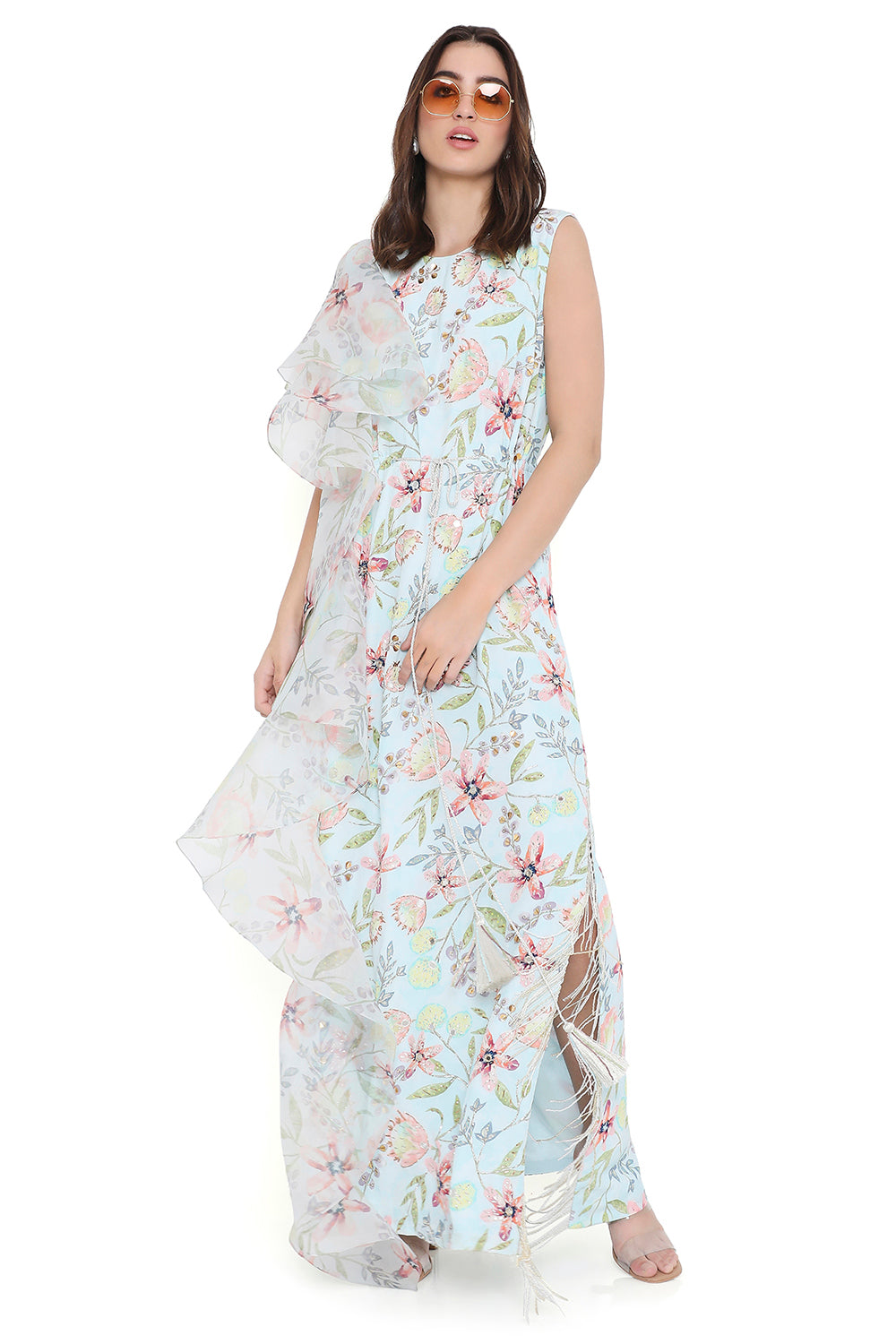 Lavender Dream Print Embroidered Kaftan With Ruffle On One Shoulder With Hanging Tassels