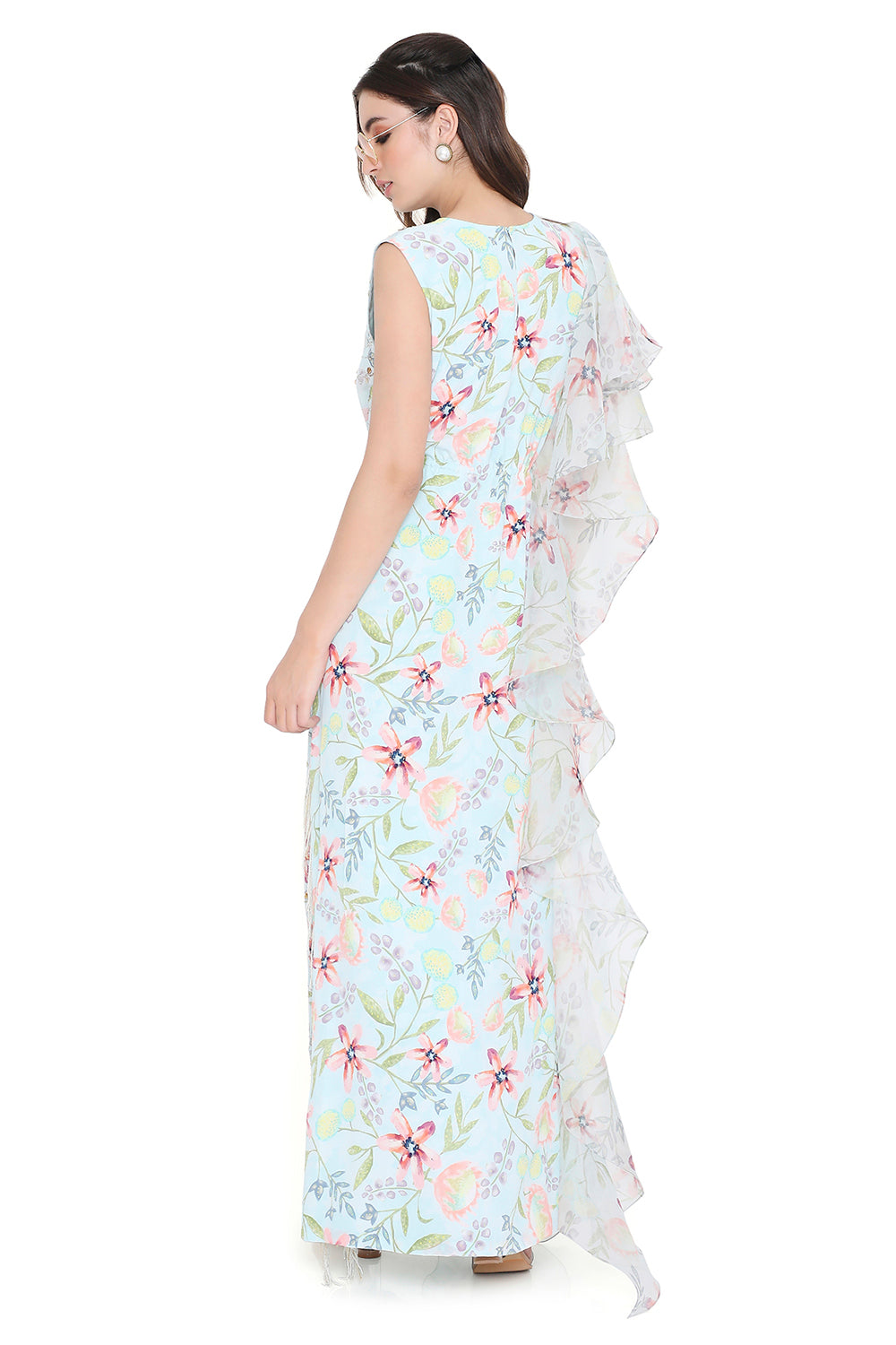 Lavender Dream Print Embroidered Kaftan With Ruffle On One Shoulder With Hanging Tassels