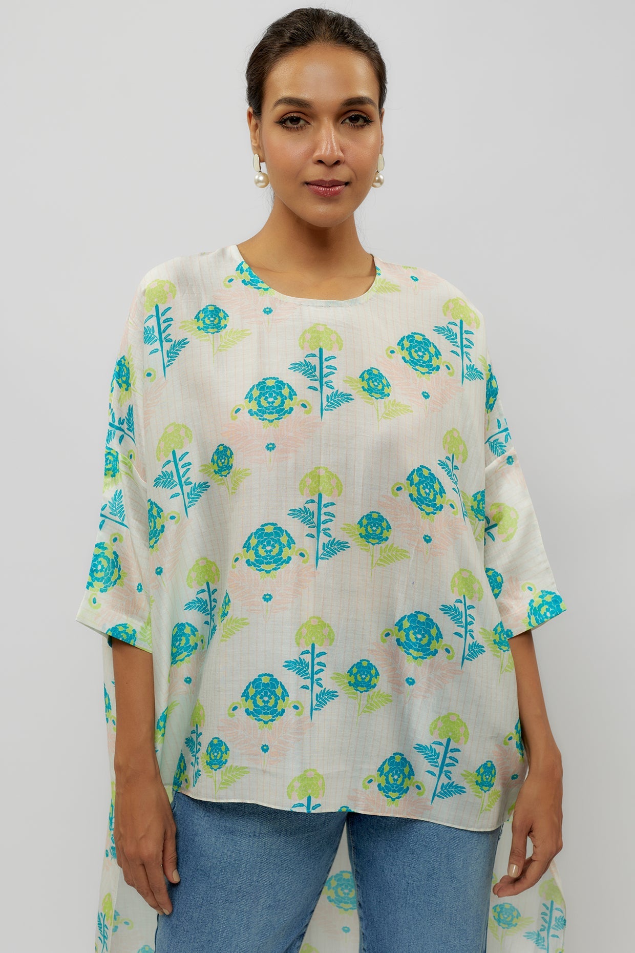 Teal Printed Silkmul High Low Maya Tunic