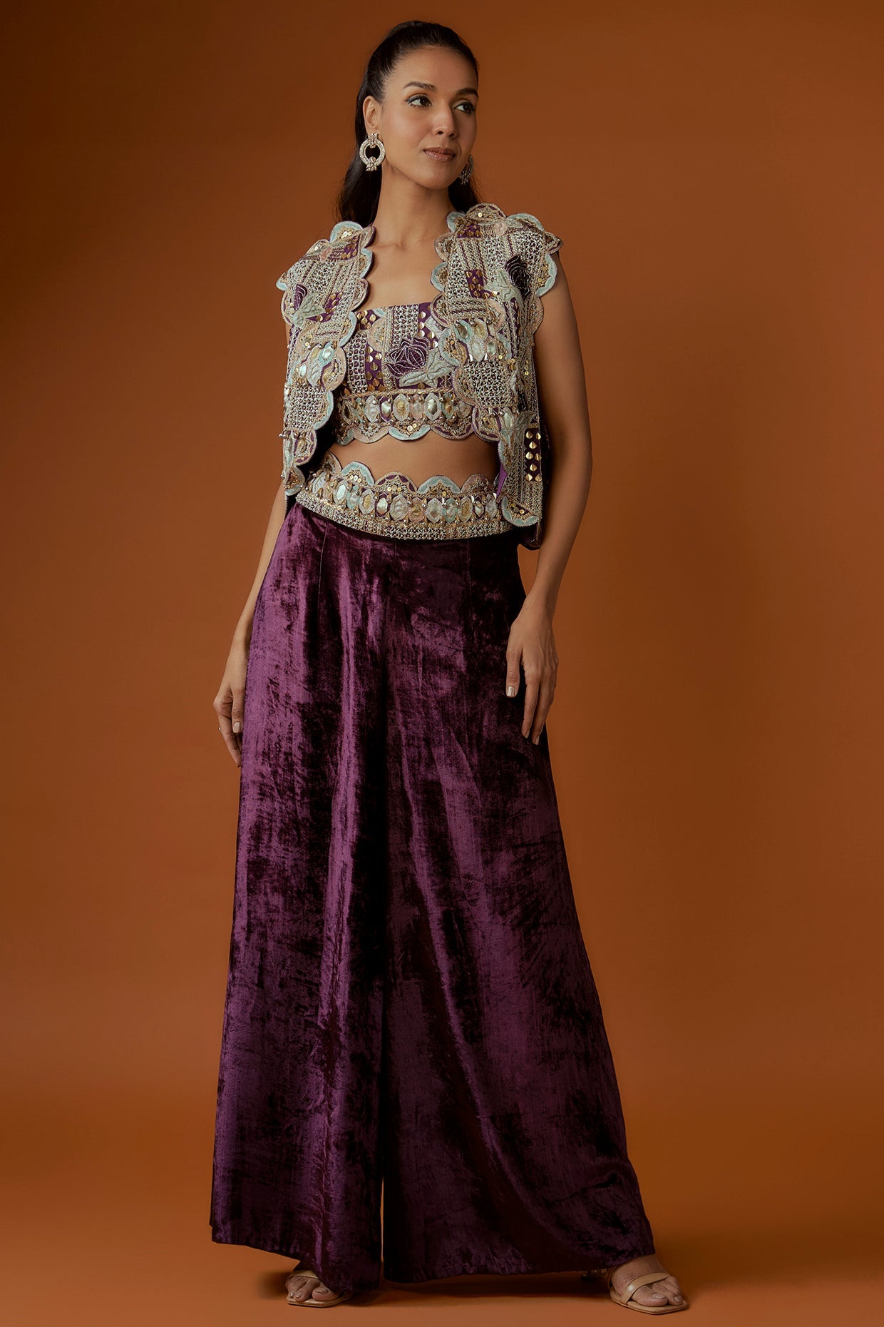 Purple Embroidered Scallop Jacket With Front Embroidered Bustier And Velvet Palazzo