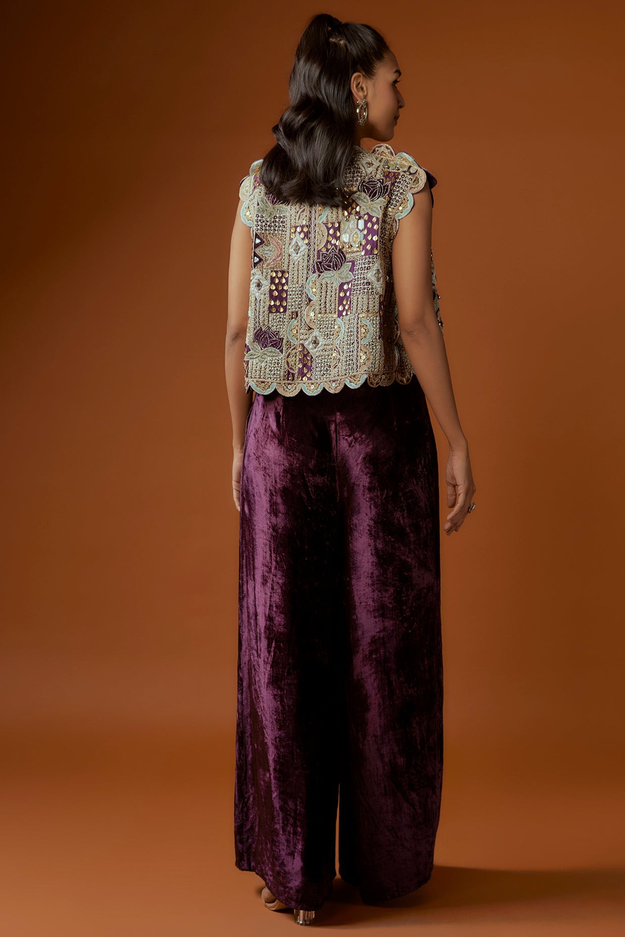 Purple Embroidered Scallop Jacket With Front Embroidered Bustier And Velvet Palazzo