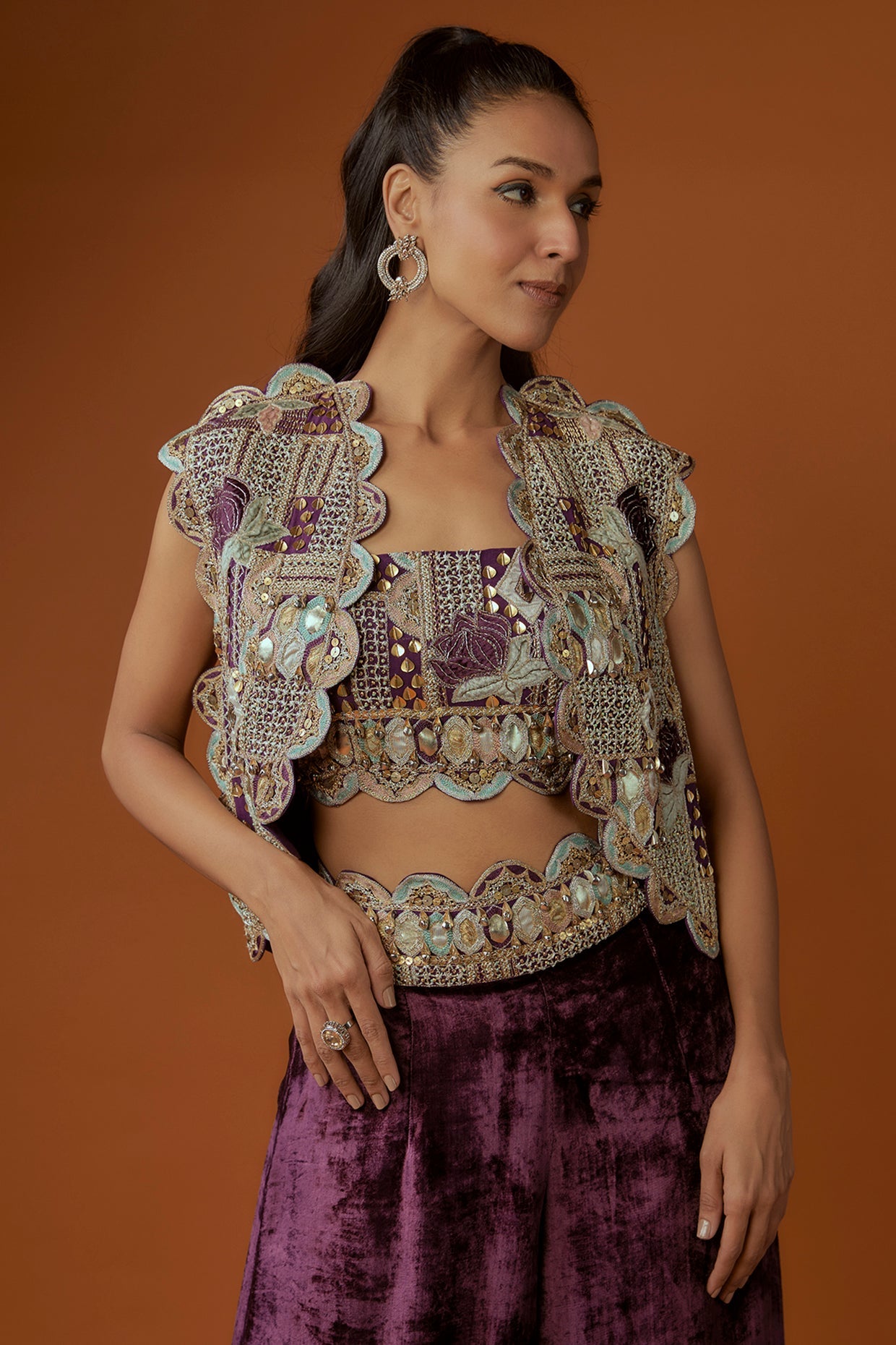 Purple Embroidered Scallop Jacket With Front Embroidered Bustier And Velvet Palazzo