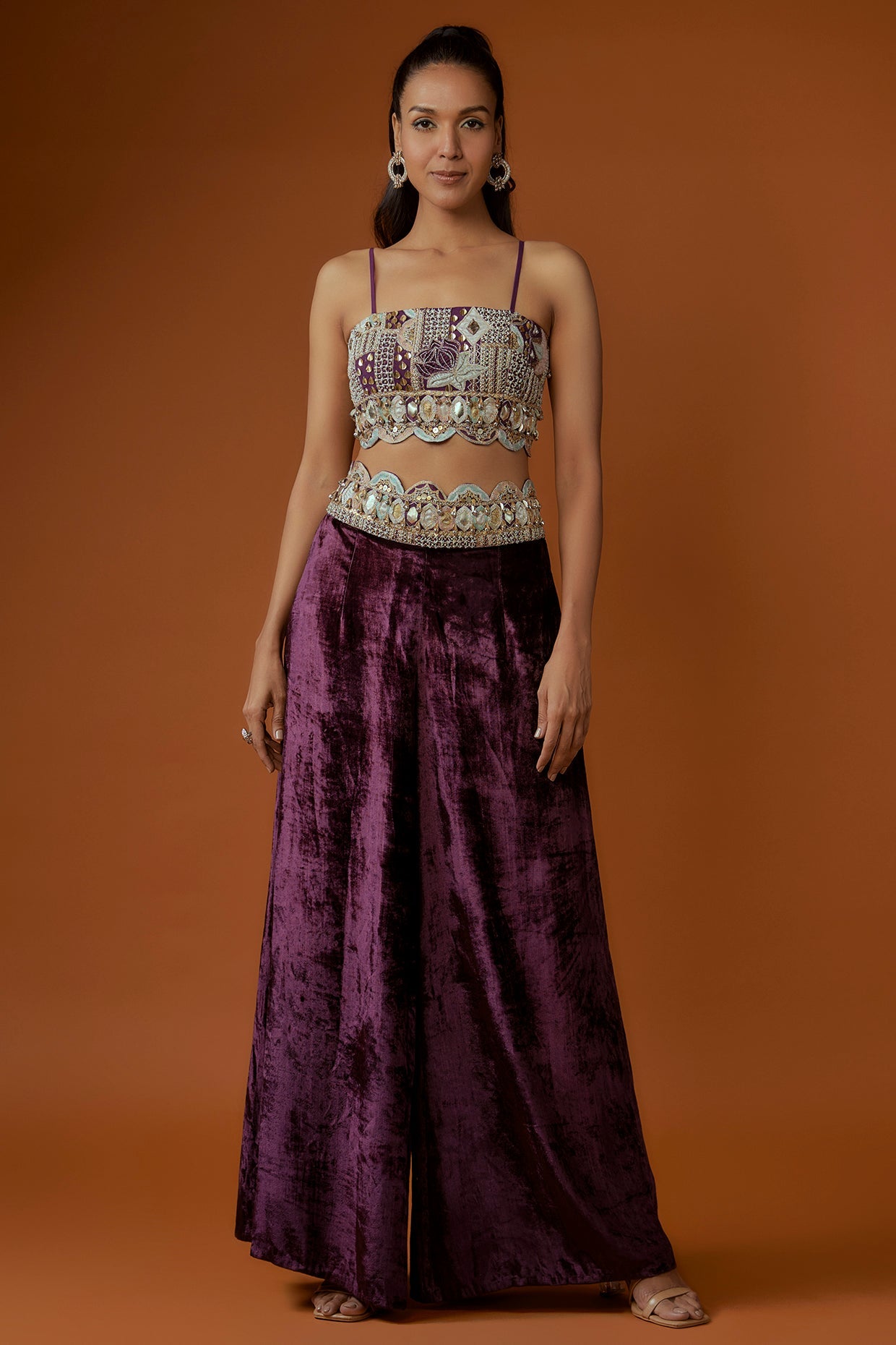 Purple Embroidered Scallop Jacket With Front Embroidered Bustier And Velvet Palazzo