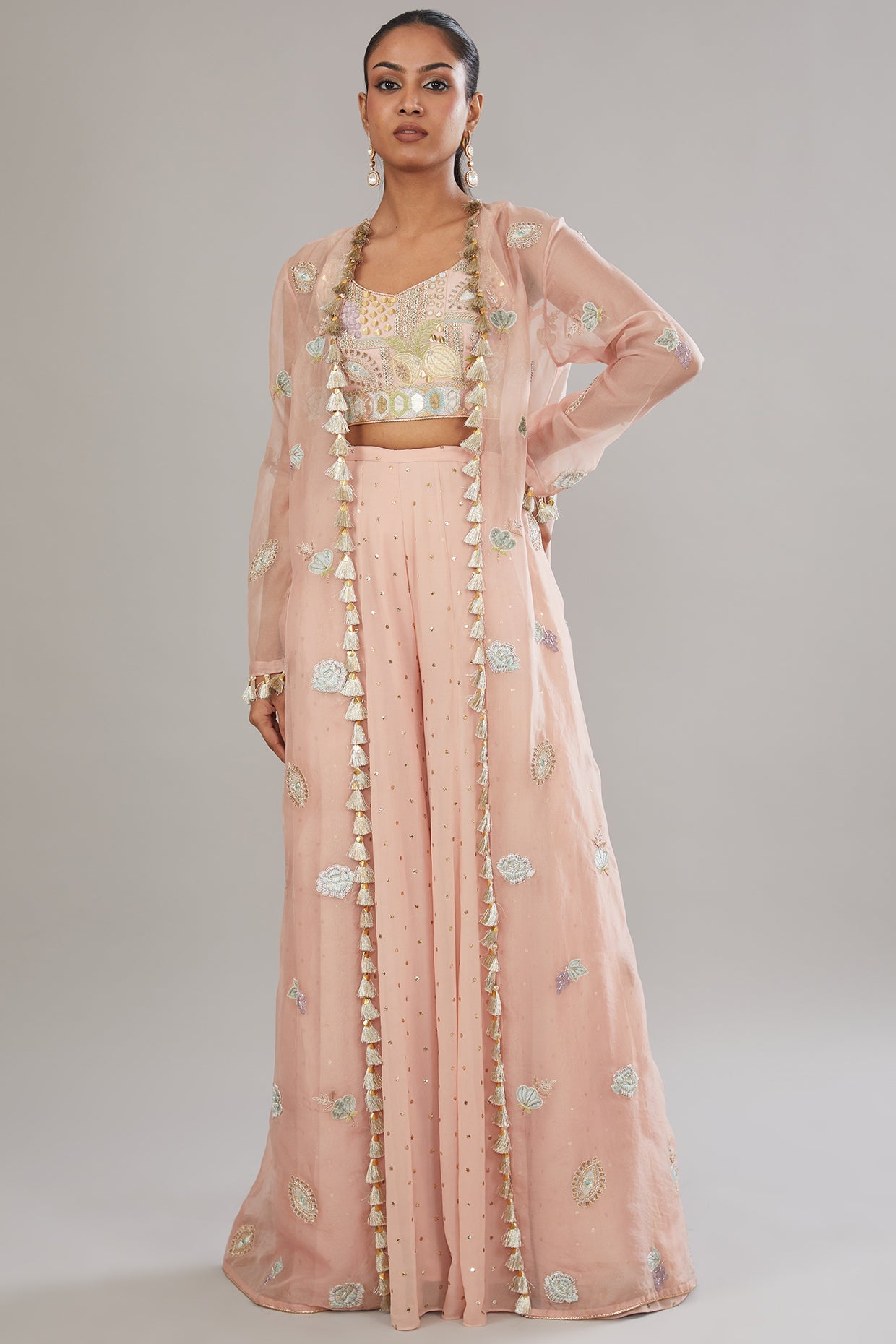 Rose Pink Embroidered Bustier With Embroidered Jacket And Sharara