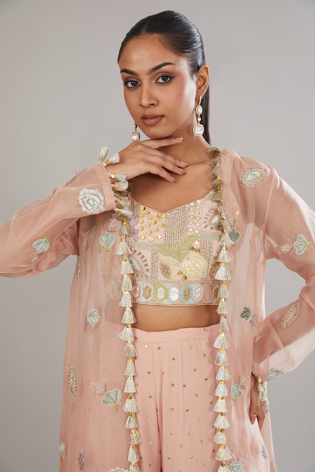 Rose Pink Embroidered Bustier With Embroidered Jacket And Sharara