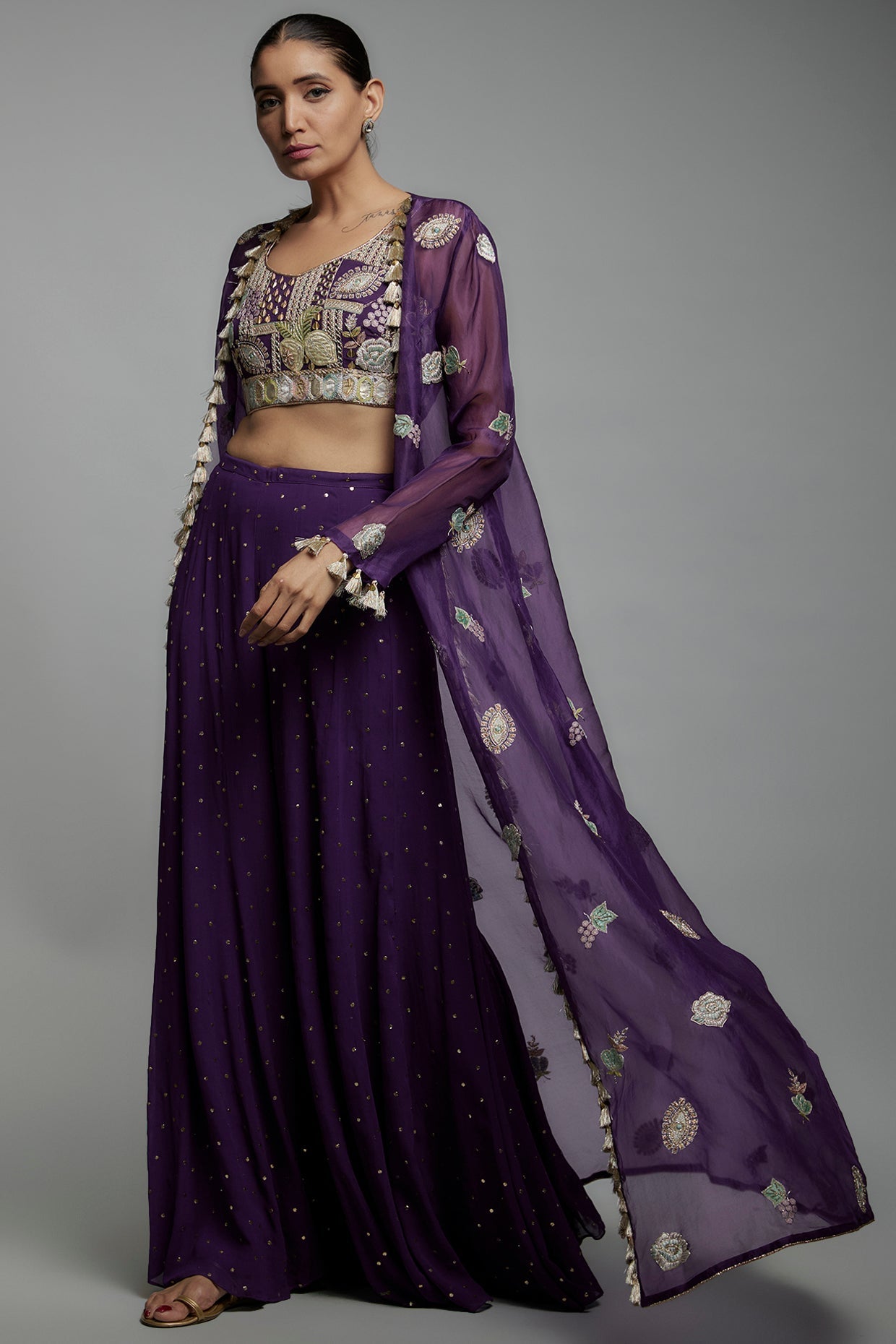 Purple Embroidered Bustier With Embroidered Jacket And Sharara