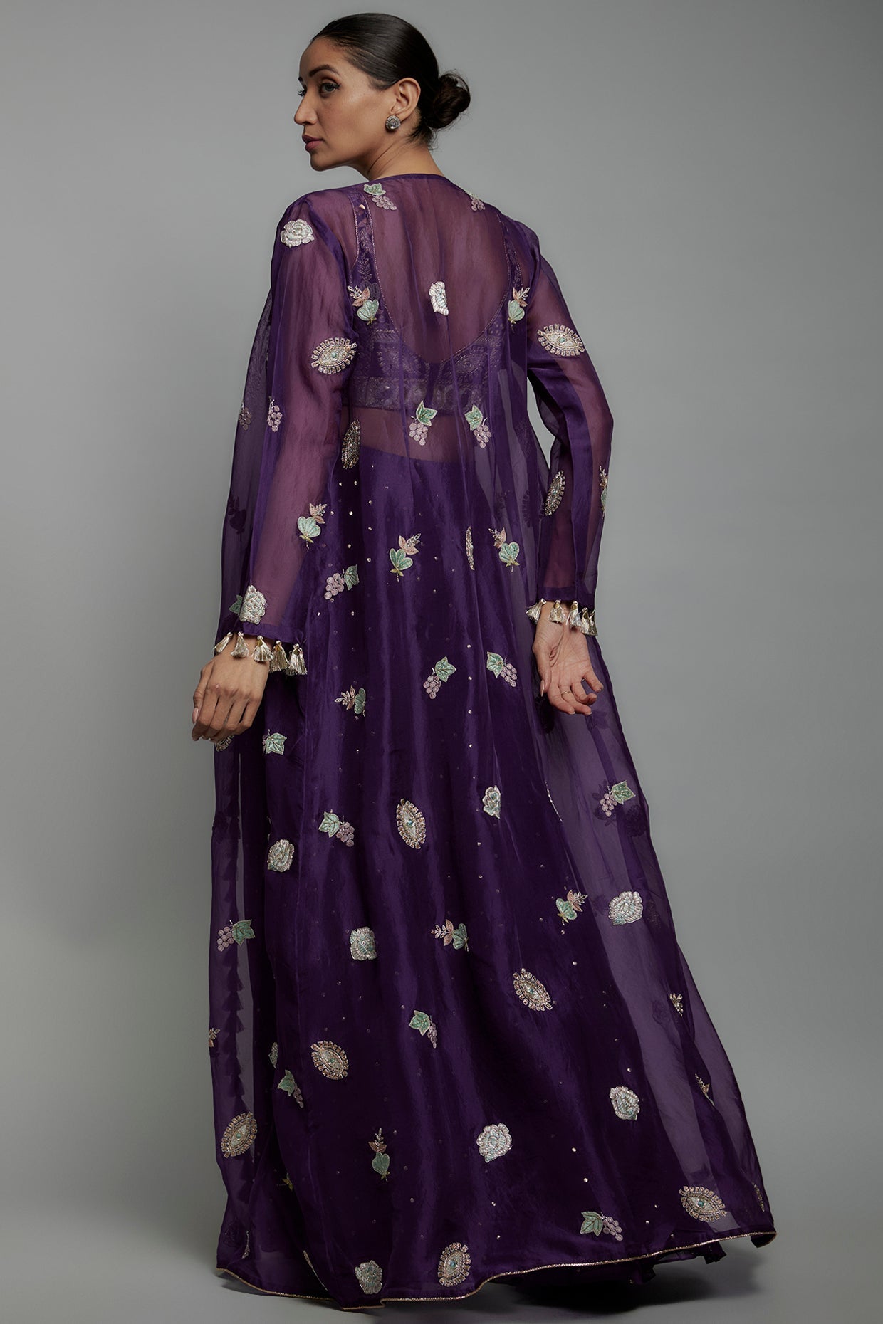 Purple Embroidered Bustier With Embroidered Jacket And Sharara