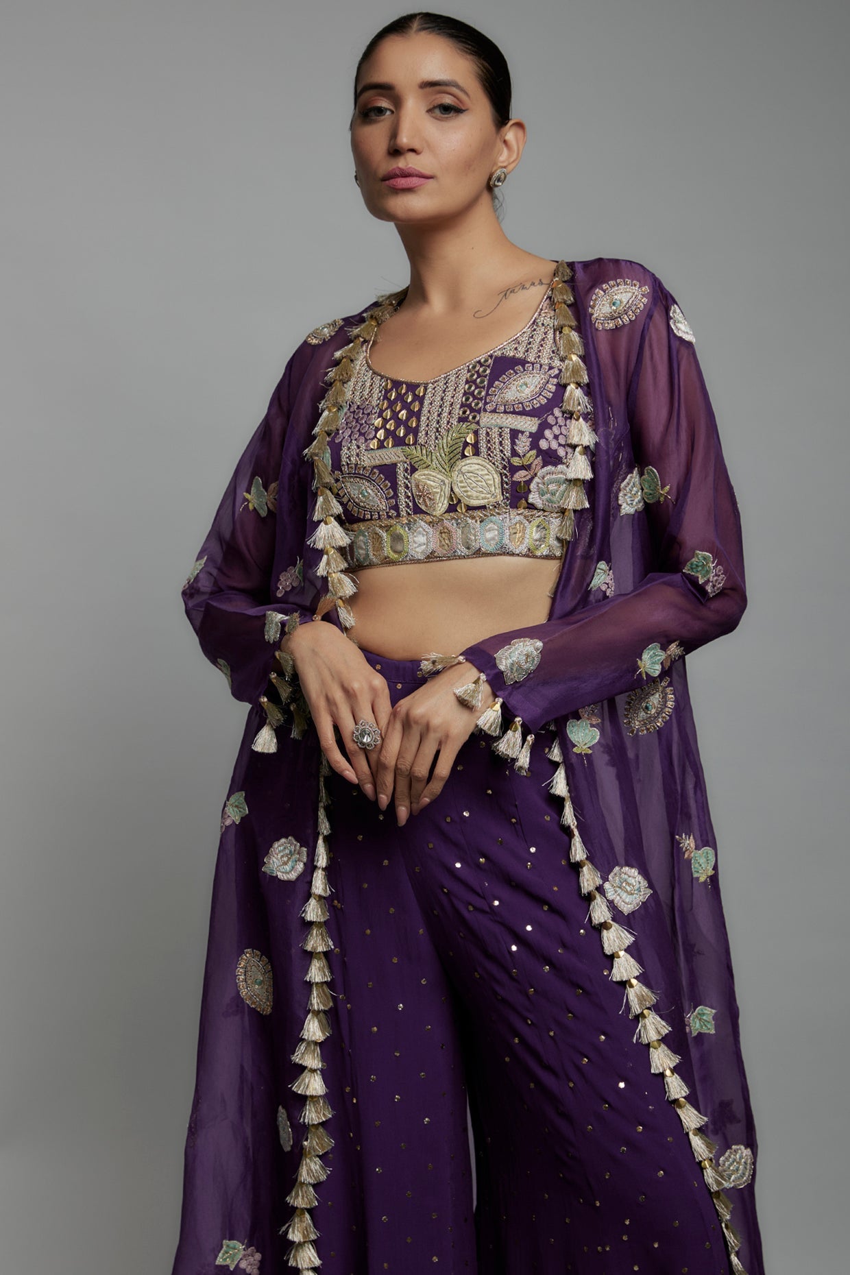 Purple Embroidered Bustier With Embroidered Jacket And Sharara