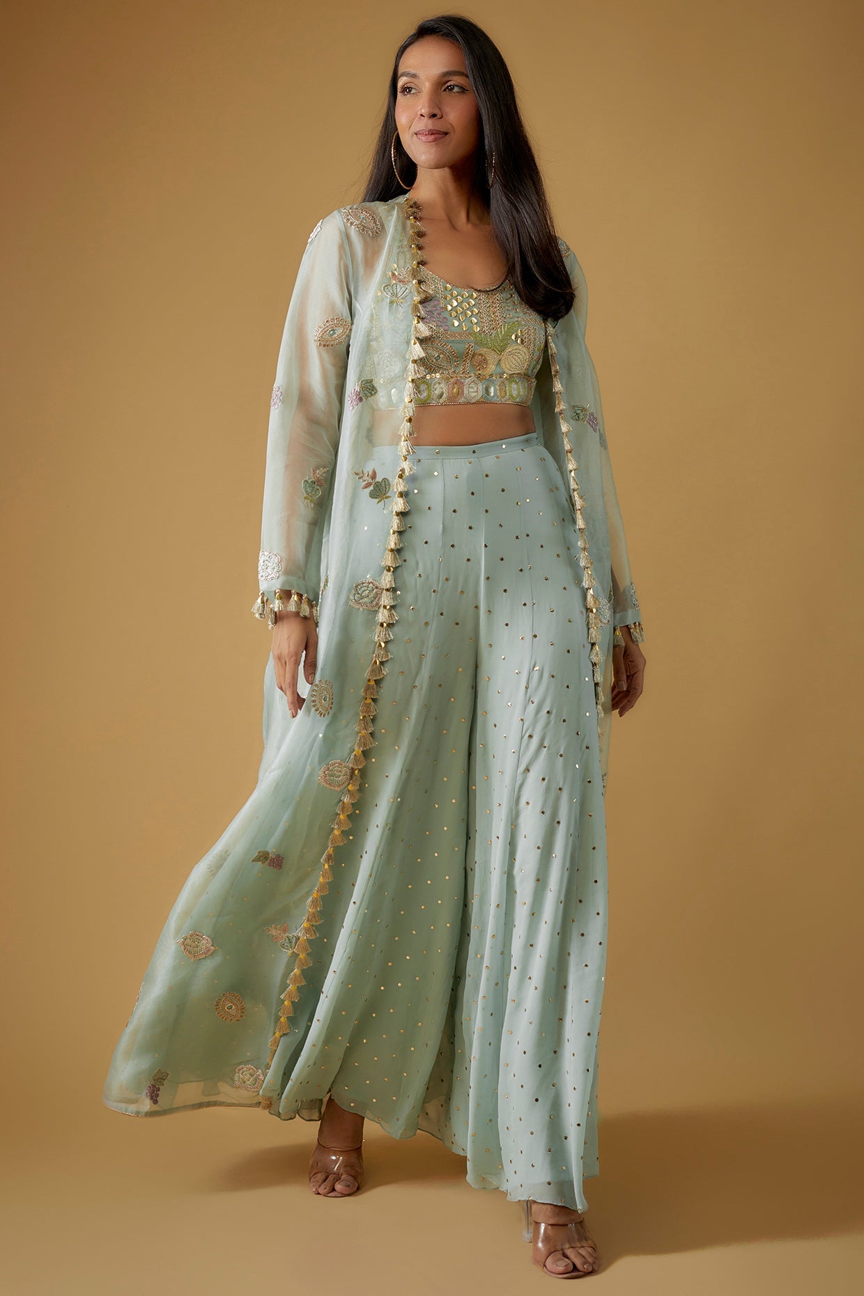 Powder Blue Embroidered Bustier With Embroidered Jacket And Sharara